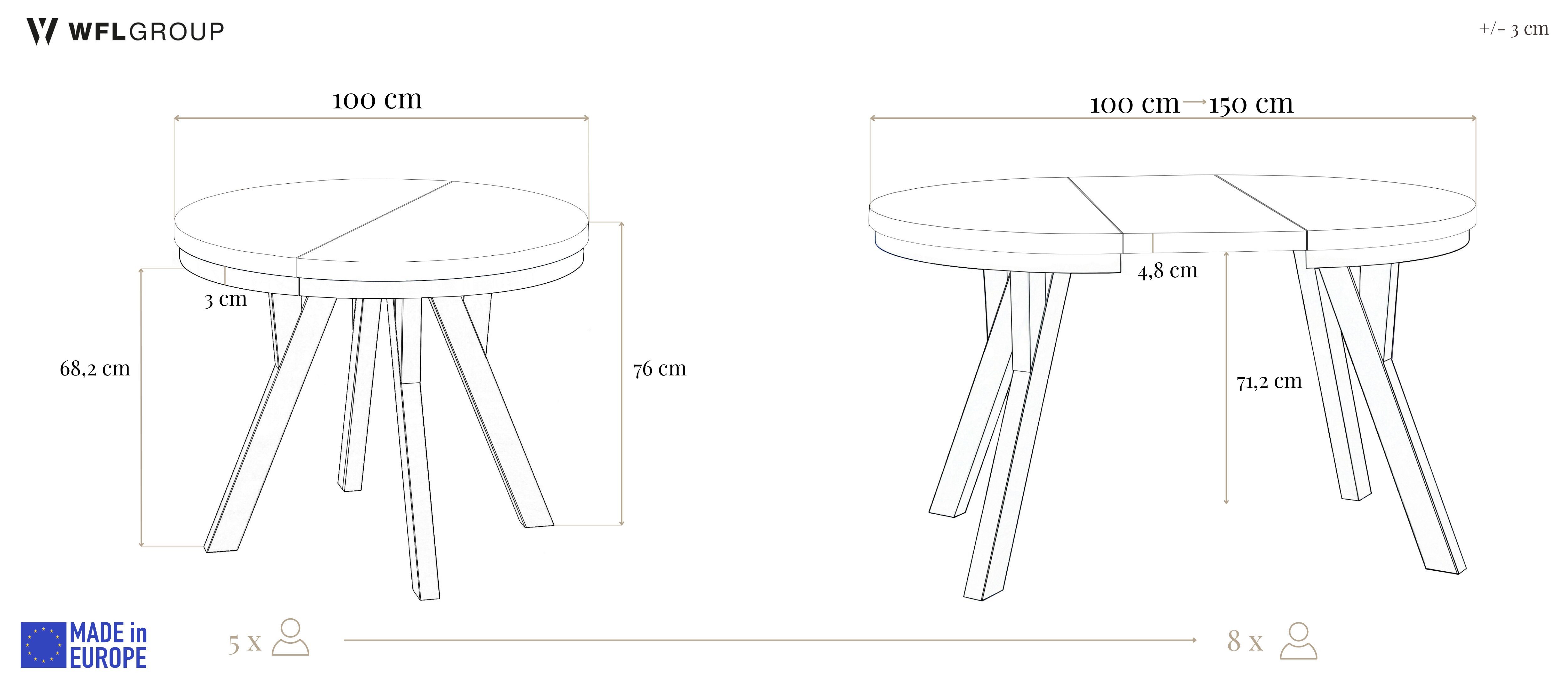 WFL GROUP Esstisch Lume Weiß ausziehbar rund modern mit weißen Holzbeinen (MADE IN EU, erhältlich in 3 Größen – 90/100/100 cm, ausziehbar auf 170/150/200 cm), platzsparender Tisch für kleine Küche, Esszimmer oder Wohnzimmer