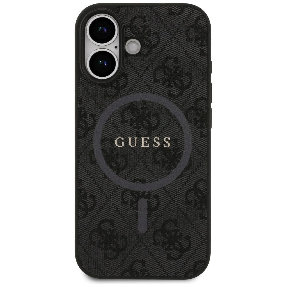 Guess Handyhülle Case iPhone 17 MagSafe Kunstleder grau Logo goldfarben 6,3 Zoll, Kantenschutz