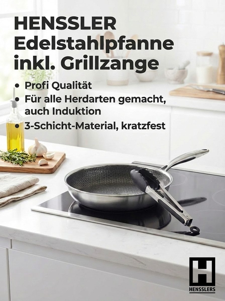 HENSSLERS Bratpfanne Premium, inklusive Grillzange, Edelstahl (Set, 2-tlg)
