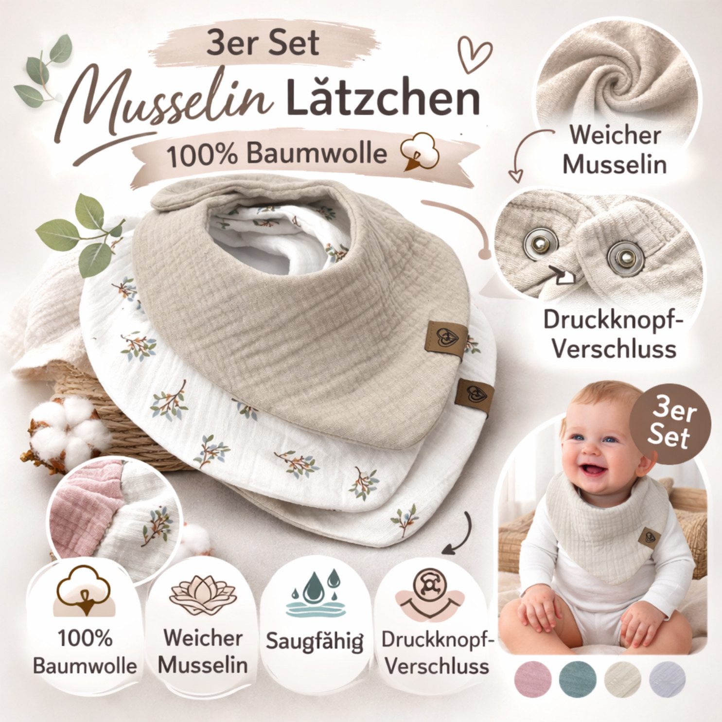 Babymajawelt Lätzchen Baby Halstücher Musselin 3er Set Sabberlätzchen, (Set, 3-St., 3 Stück Halstücher), Besonders weich und saugfähig, verstellbare Druckknöpfe, Made in EU