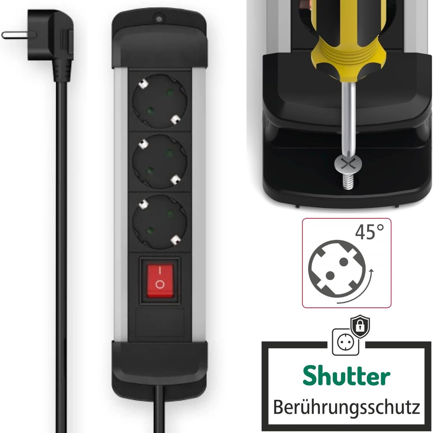 Hama Alu Mehrfachstecker 3-Fach mit Schalter 1,5m Steckdosenleiste 3-fach (Berührungsschutz, Kabellänge 1.5 m), Steckdosenleiste mit Schalter Steckerleiste Mehrfachsrteckdose Leiste