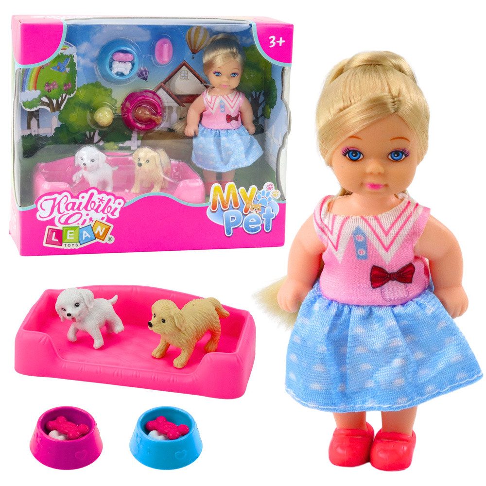 LEAN TOYS Minipuppe Spielpuppe Welpenpflege Rollenspielset (Spar-Set, 1-tlg., 12 cm Puppe handlich), 2 Hunde, Hundebett, 2 Futternäpfe, 12 cm Puppe