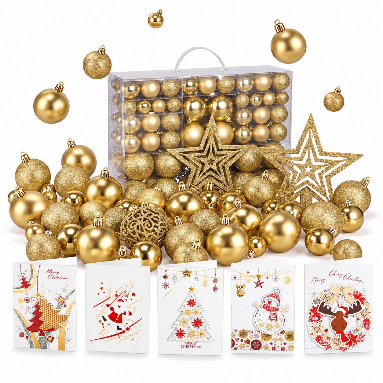 Onbest Weihnachtsbaumkugel Weihnachtskugeln 128-teiliges Set PLUS 5x Karten & 1x Baumspitze, in 3 Größen, 3 Designs, Weihnachtsschmuck Weihnachtsdeko