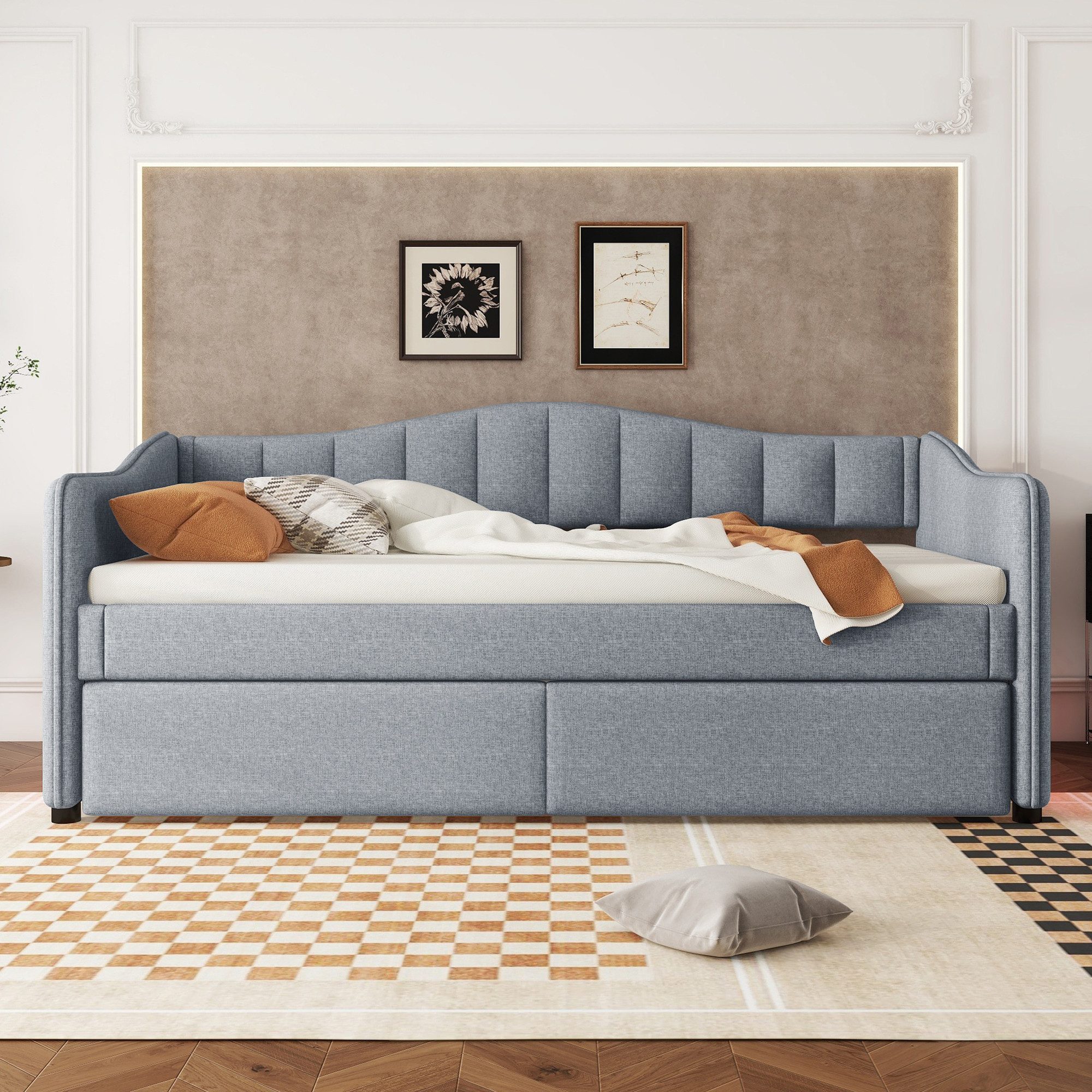STILVORA Polsterbett 90x200 Schlafsofa mit bettfunktion Tagesbett ausziehbar Leinen Grau (Einzelbett im minimalistischen Stil, inkl. Ambiente-Licht, 90 x 200 cm), ohne Matratze