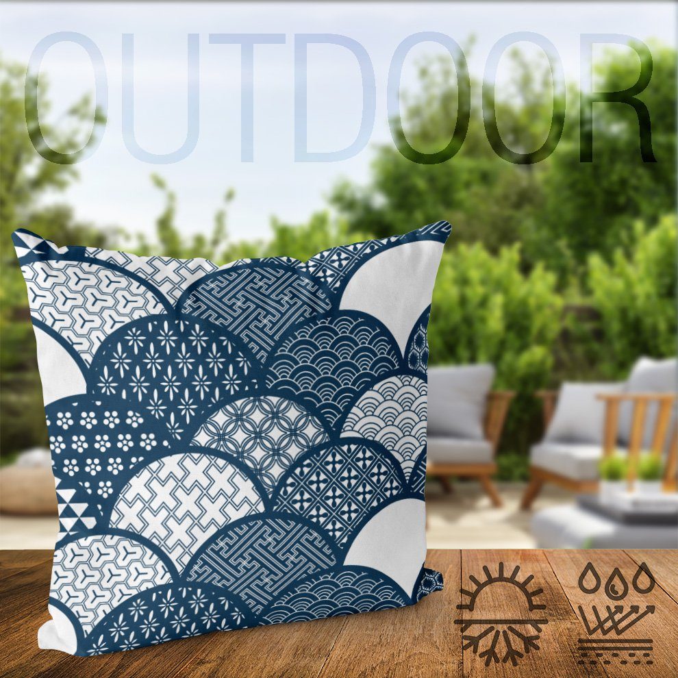 Bad Grafisch Blumen Orient Sofa-Kissen Design Wellen Muster (1 Blau Asien Wasser Küche Orientalisch Stück), gemustert VOID Kissenbezug, Weiss modern asiatisch