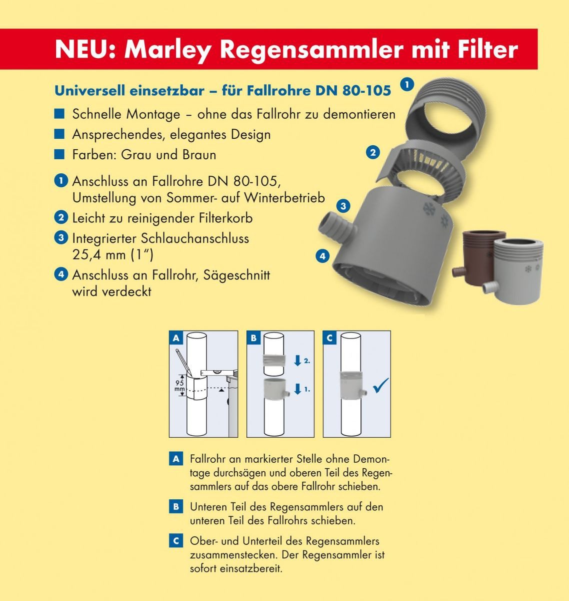 Marley Deutschland GmbH Entwässerungsrinne Regensammler + Filter und Überlaufstop DN 80-105mm braun, 1-St., Hoher Wirkungsgrad >95%