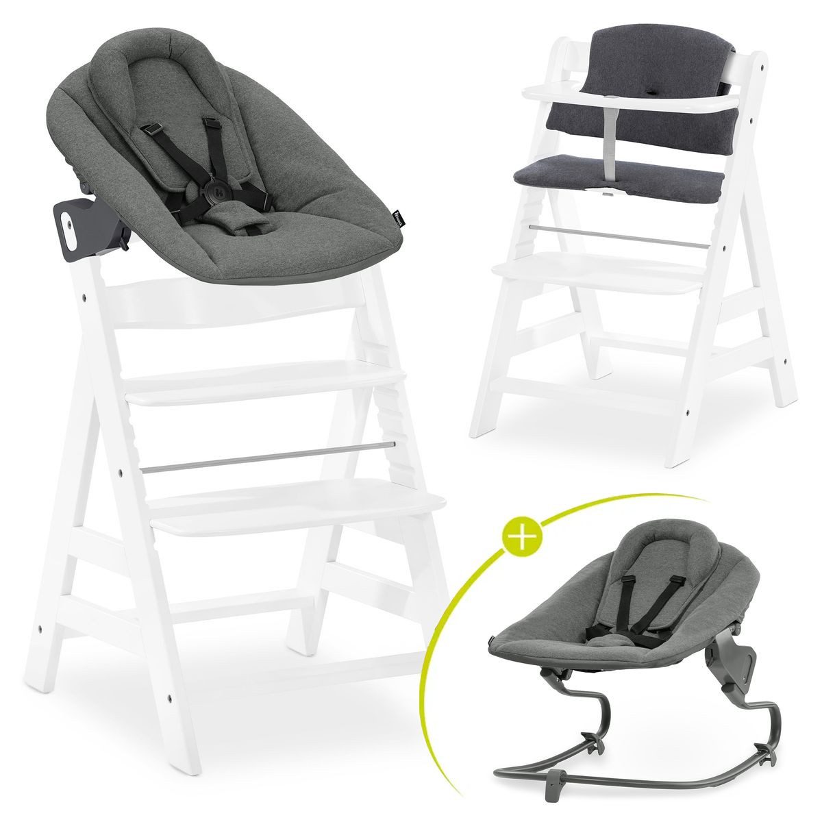 Hauck Hochstuhl Alpha Plus Newborn Set Premium - White, Holz Babyhochstuhl ab Geburt inkl. Neugeborenen Aufsatz & Sitzpolster