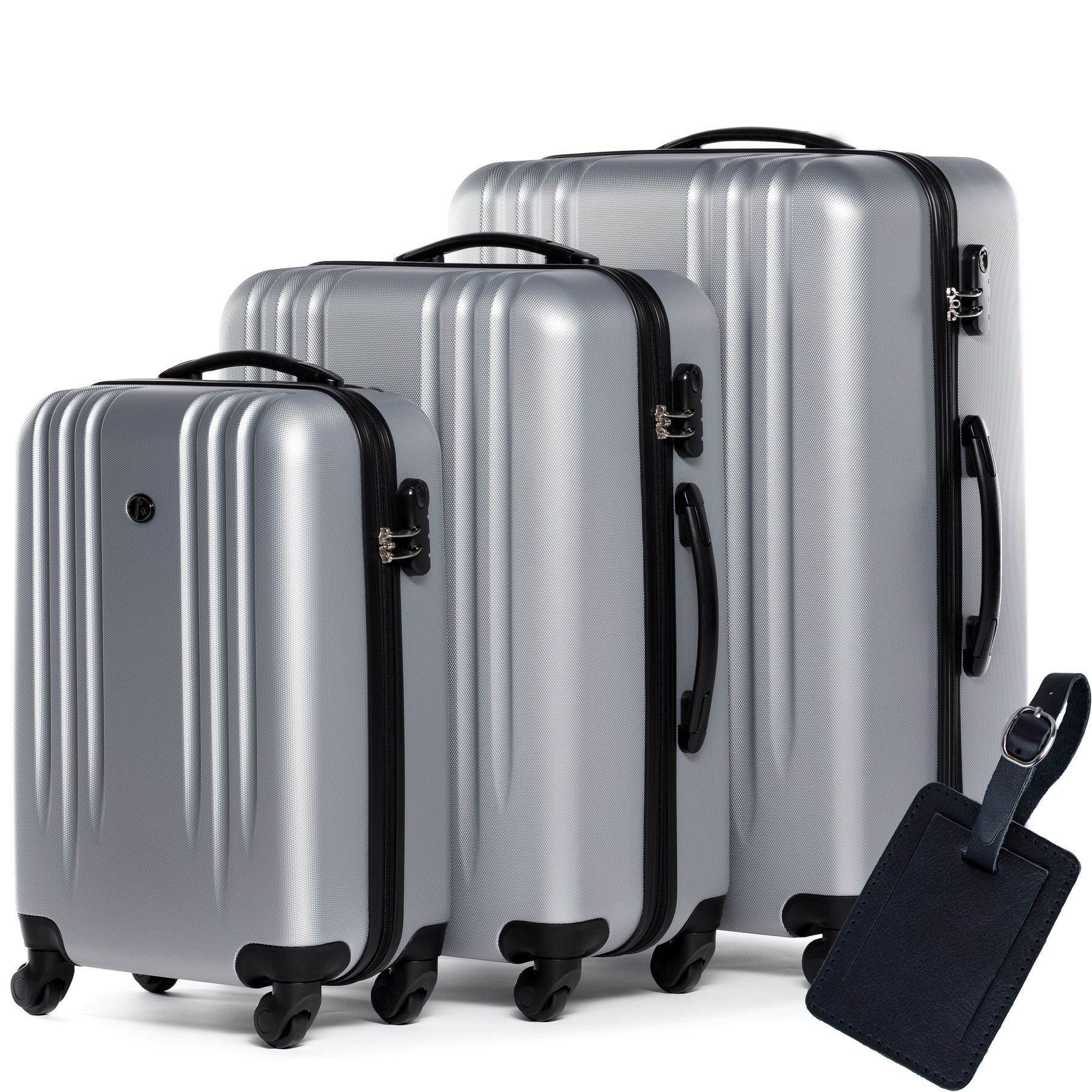 FERGÉ Kofferset 3 teilig Hartschale + 1x Lederanhänger Marseille, 4 Rollen Rollen, (3 tlg), Trolley 3er Koffer Set 4 Rollen, Premium Rollkoffer ABS Reisekoffer