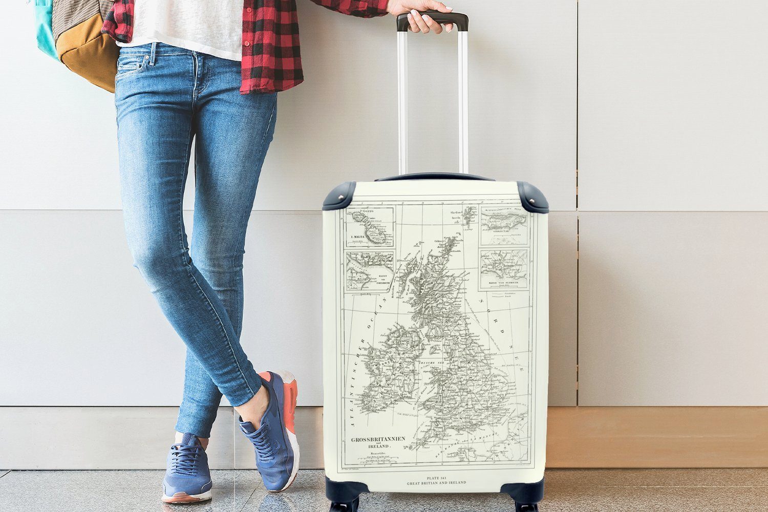 Reisetasche Handgepäck 4 Reisekoffer mit Weltkarte Ferien, und Klassische Großbritannien Irland, Trolley, von Handgepäckkoffer rollen, Rollen, für MuchoWow