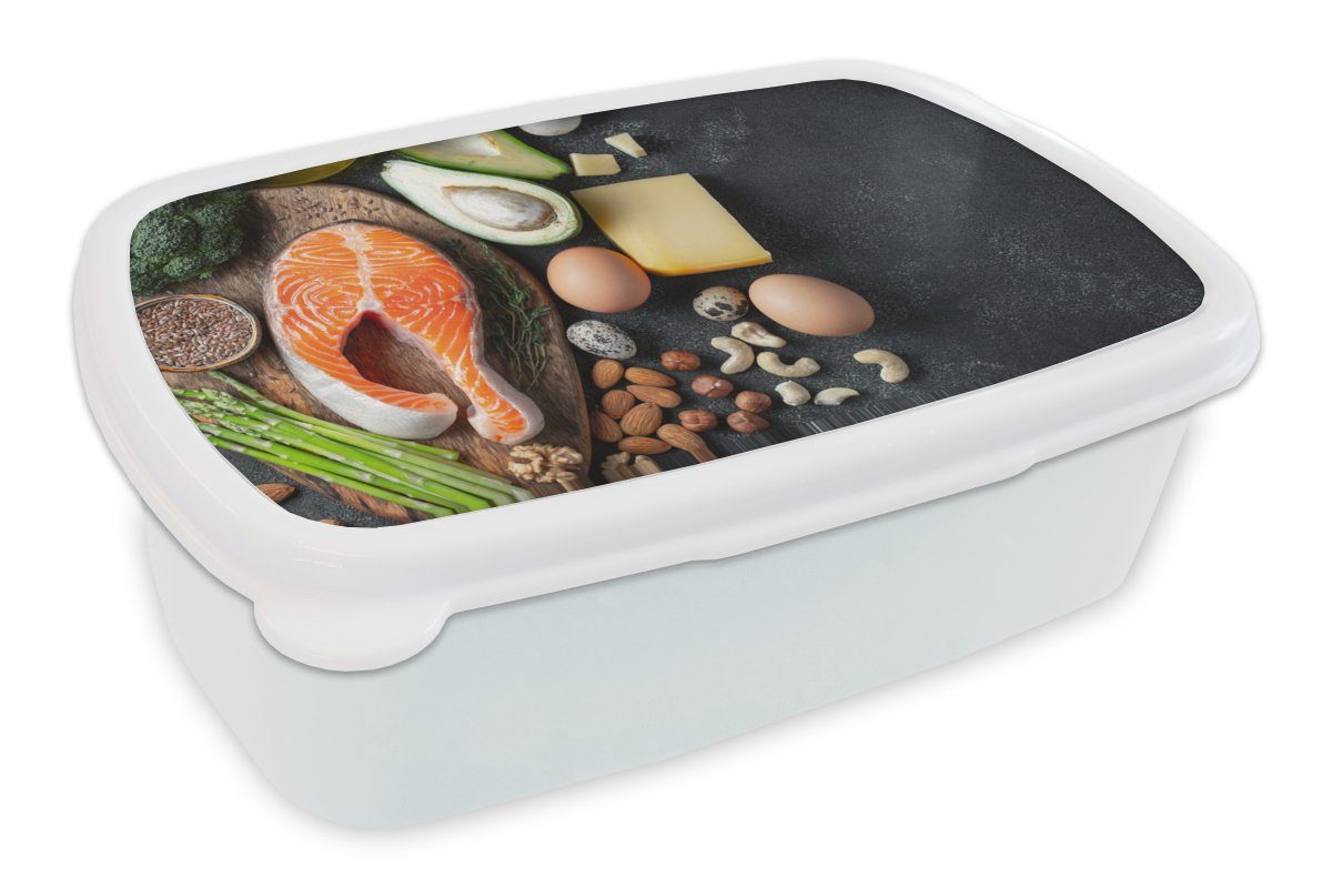 MuchoWow Lunchbox Fleisch - Eier - Obst - Käse - Kräuter, Kunststoff, (2-tlg), Brotbox für Kinder und Erwachsene, Brotdose, für Jungs und Mädchen weiß