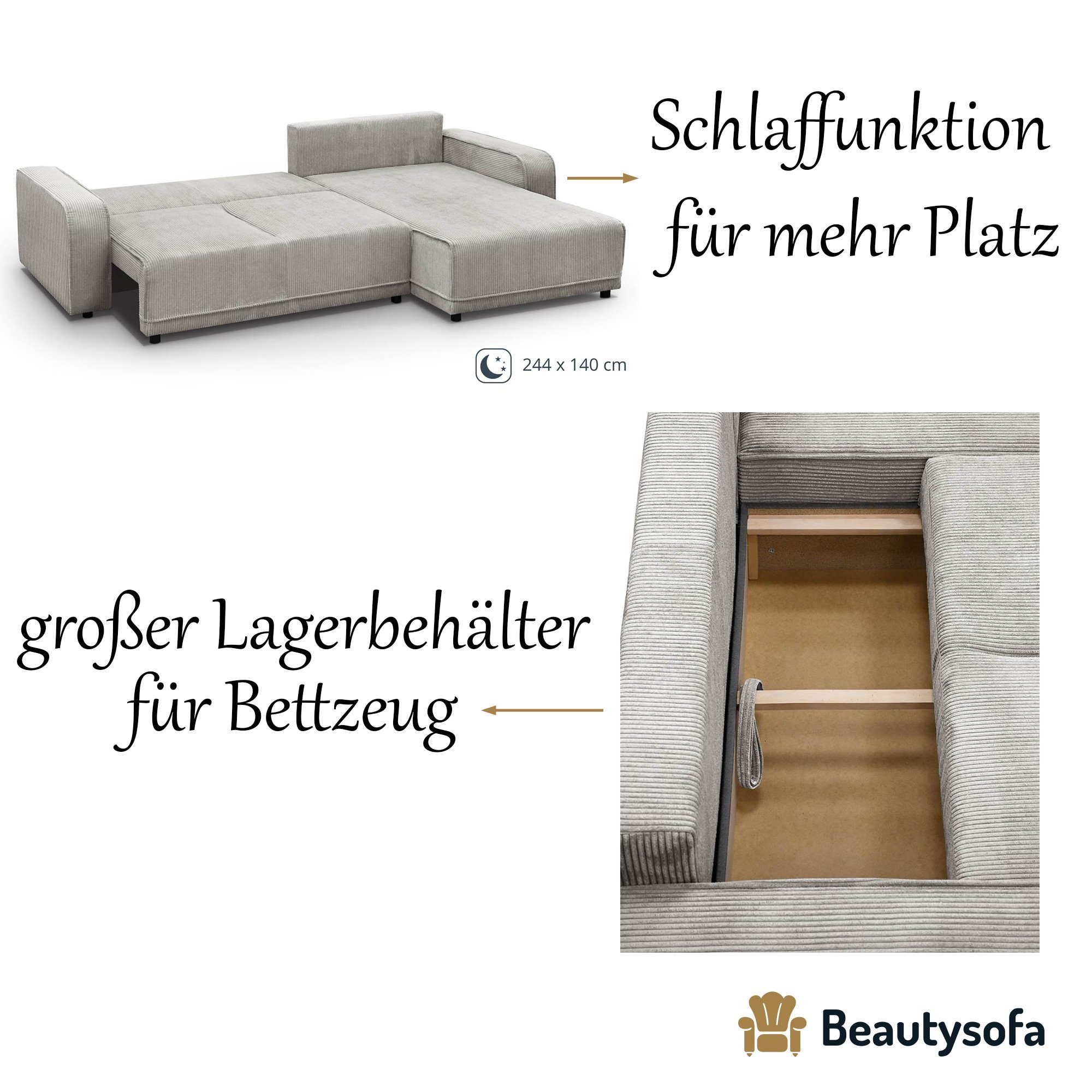 Cordstoff,290 Primo, Bettkasten mit Schlaffunktion, in Ecke, Ecksofa Beautysofa mane, universelle L-Form, mit 100) cm (poso Beige