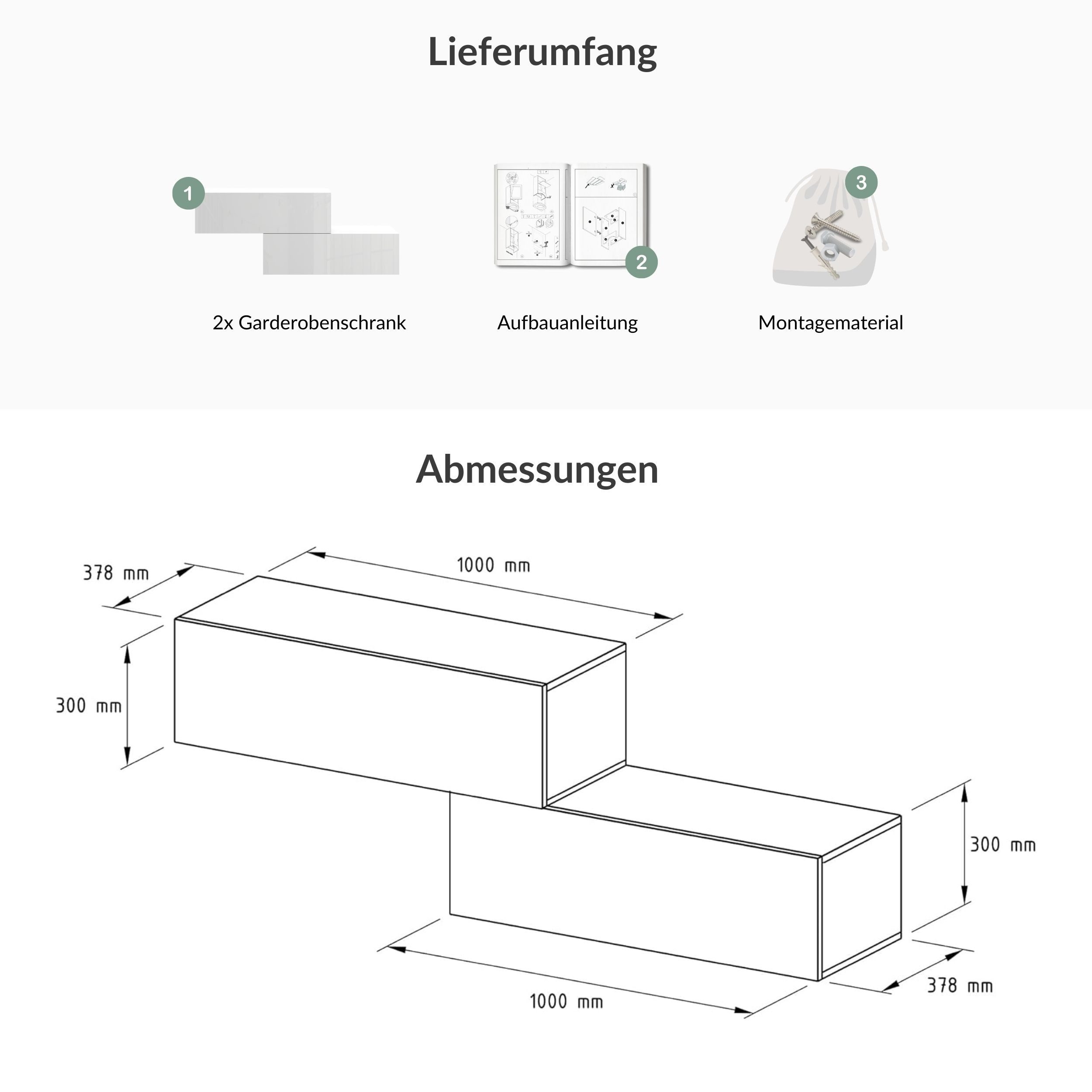 Planetmöbel Garderoben-Set Flur Möbel Garderobe, (Kompaktgarderobe mit Klappe als Stauraum, Hängeschränke 2 x 100 cm Weiß), Wandgarderobe (ohne Spiegel)