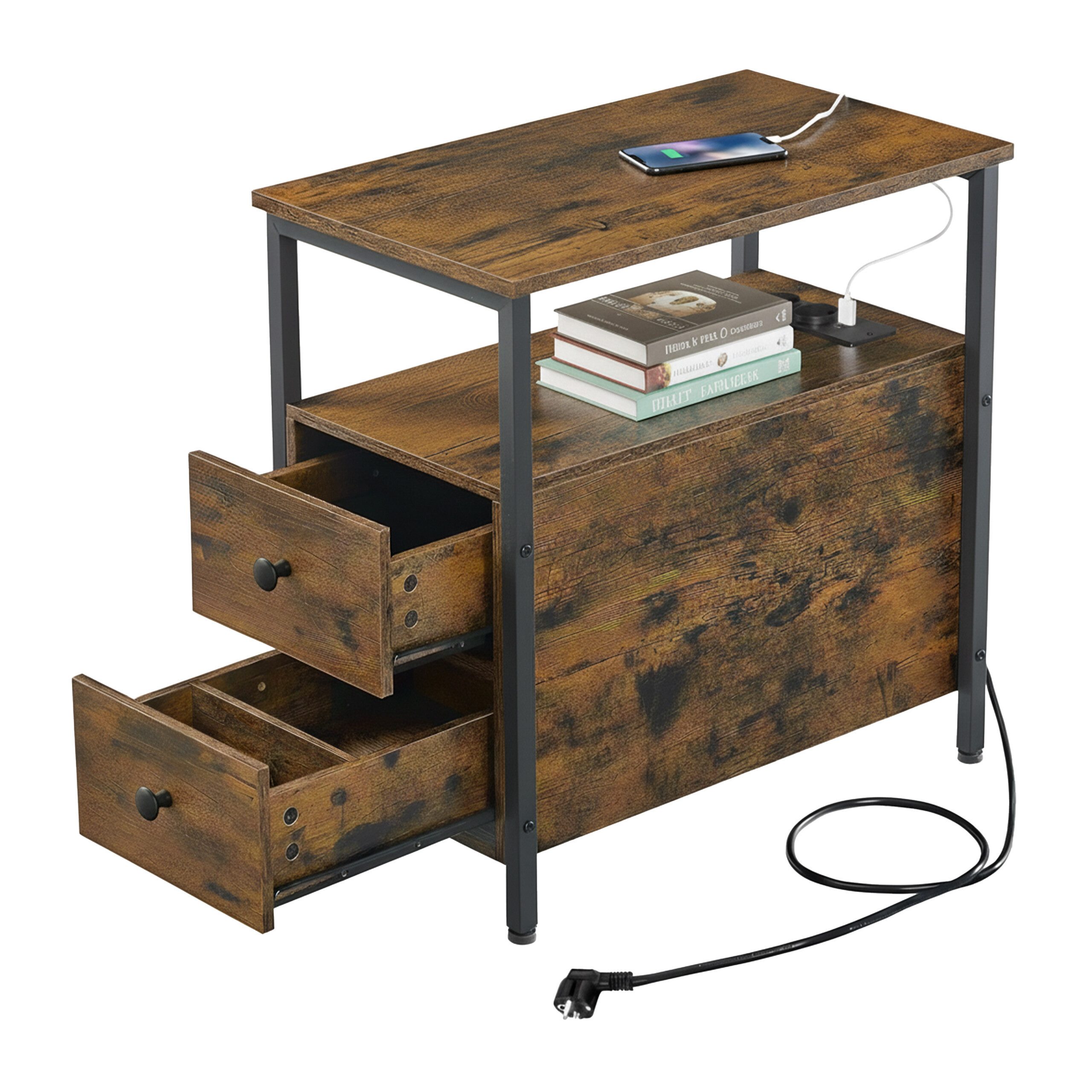 relaxdays Beistelltisch mit Steckdose, Vintagebraun günstig online kaufen