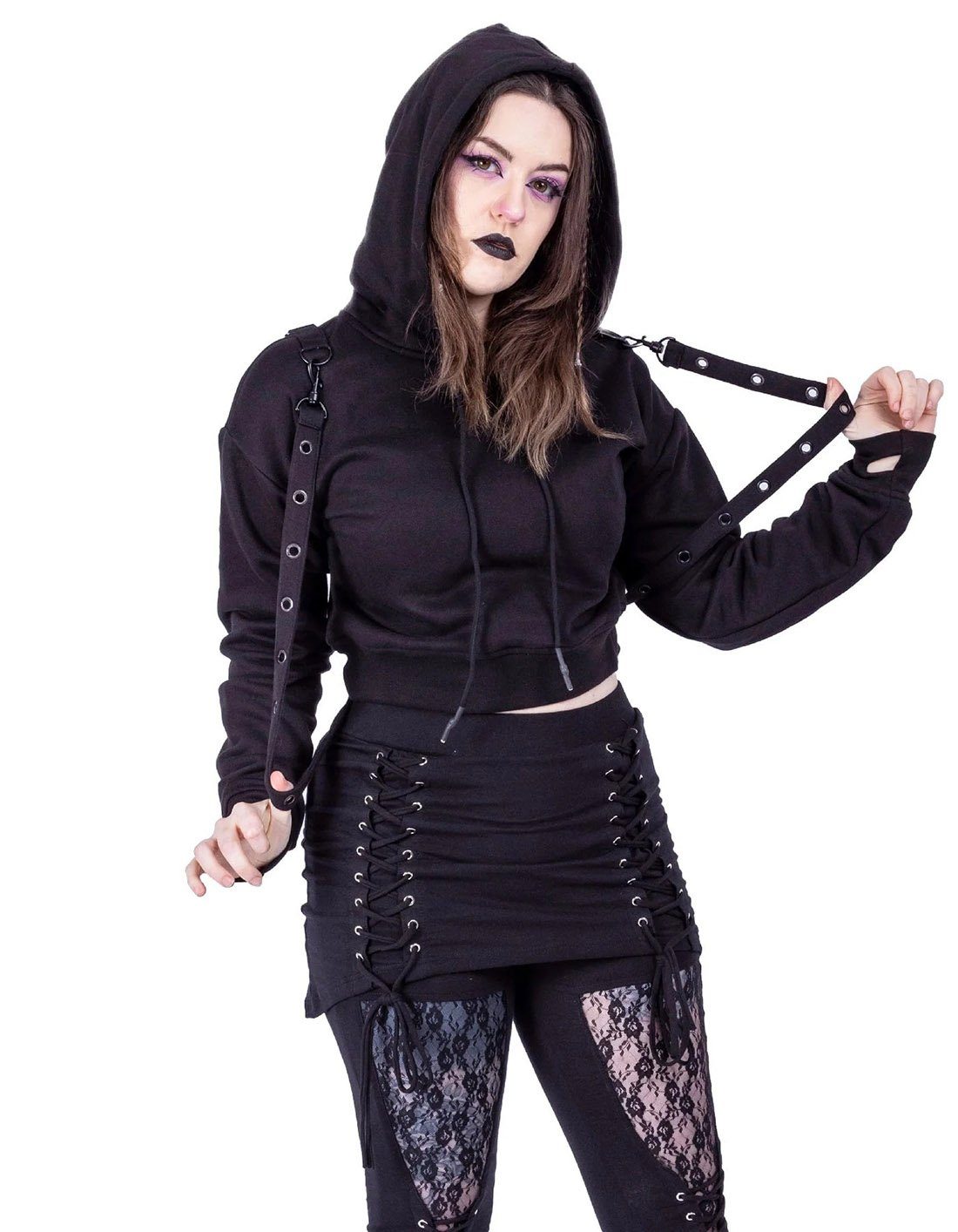 Heartless Hoodie Crop Kapuzenpullover Kyda Hood Gothic Riemen Punk Strapsen