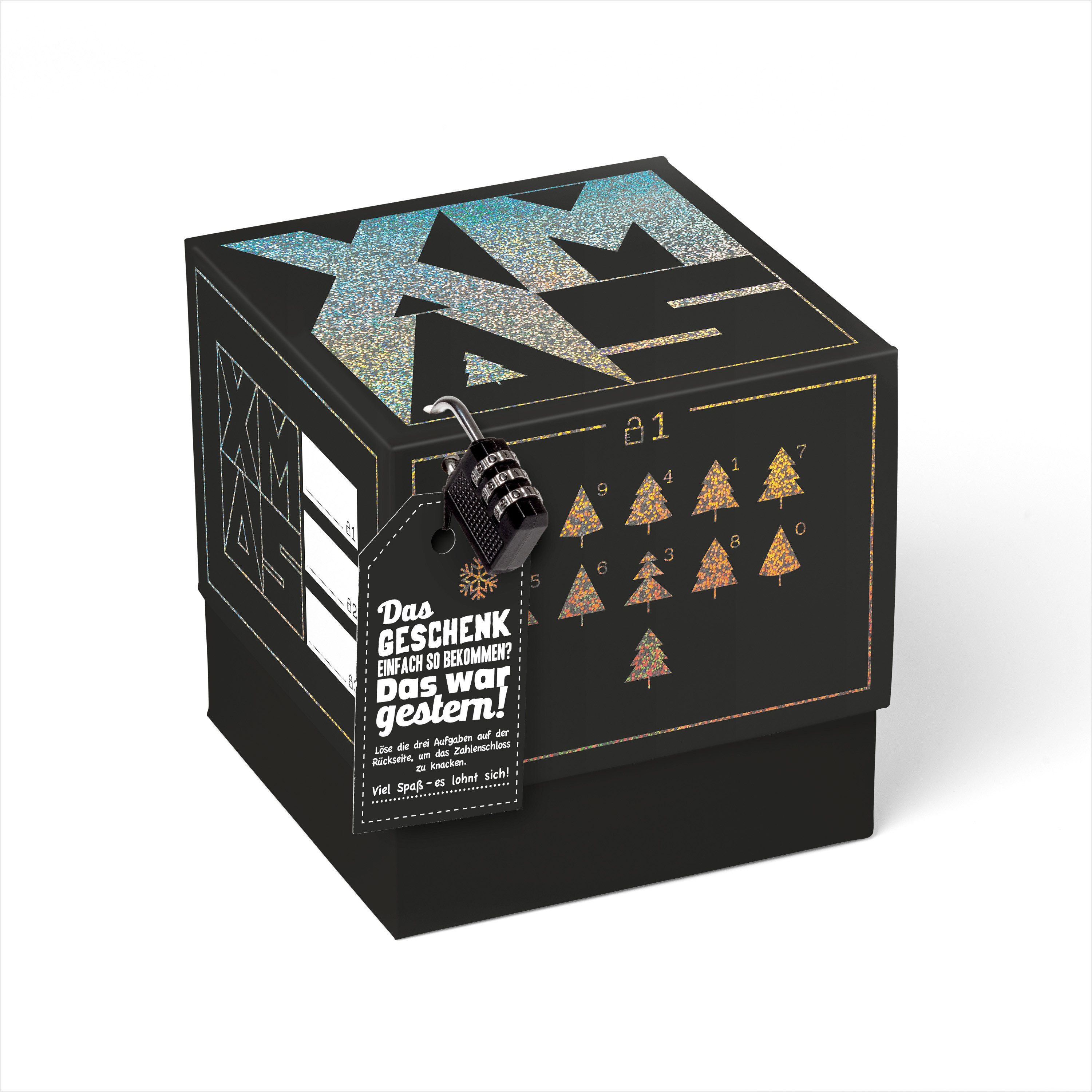SURPRISA Geschenkbox Geschenkbox Weihnachten, Rätselbox Geldgeschenke oder Gutscheine, Xmas, 16,5 x 16,5 x 16,5 cm, Glitzer Schwarz