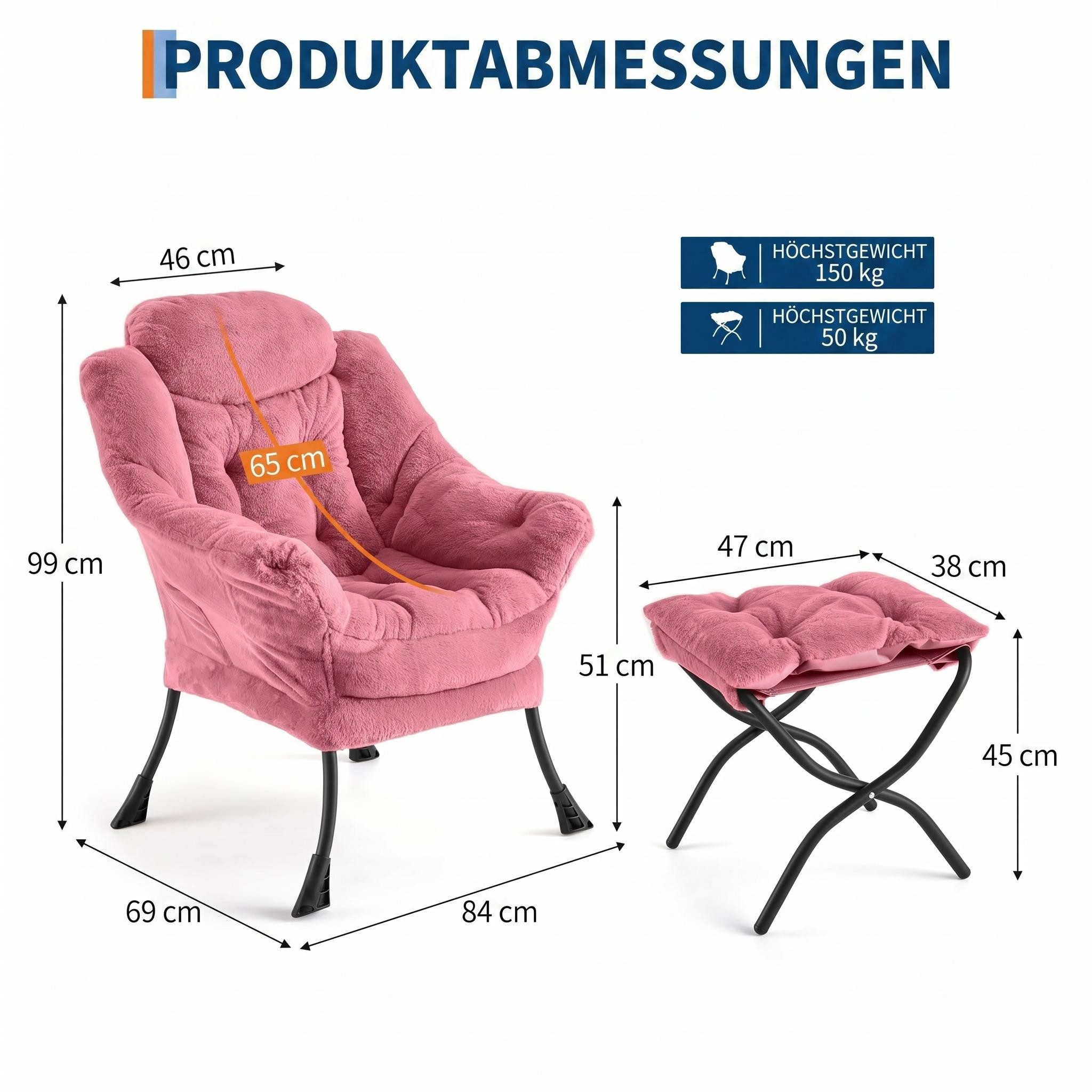 GarveeMore Loungesessel aus Holland-Velours (Dutch Velvet), 84×69×99 cm, 8 Farben (2-St., 2 Relaxsessel mit 2 Hocker)