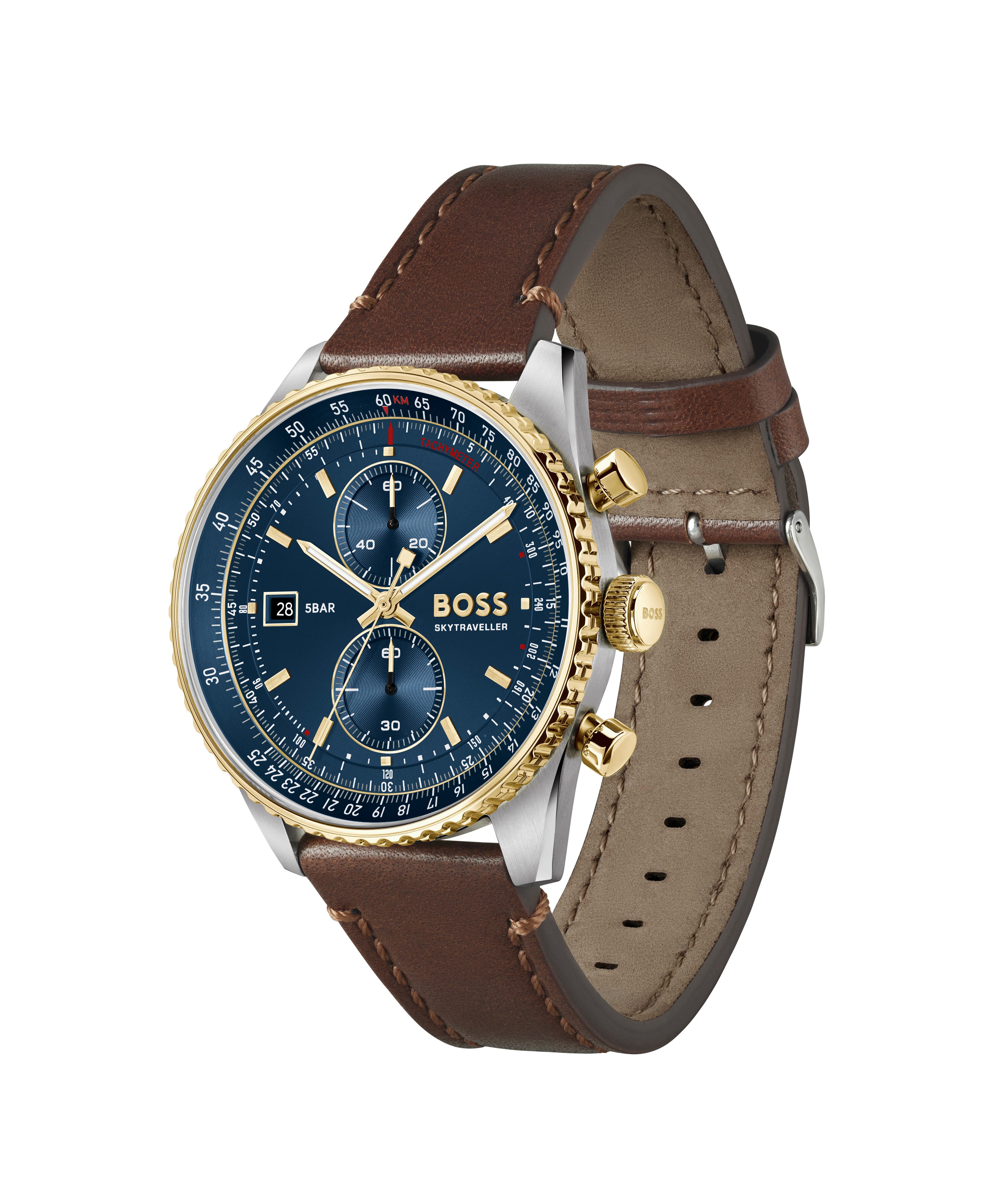 BOSS Chronograph SKYTRAVELLER 1514346, Quarzuhr, Armbanduhr, Herrenuhr, Lederarmband, analog, Tag