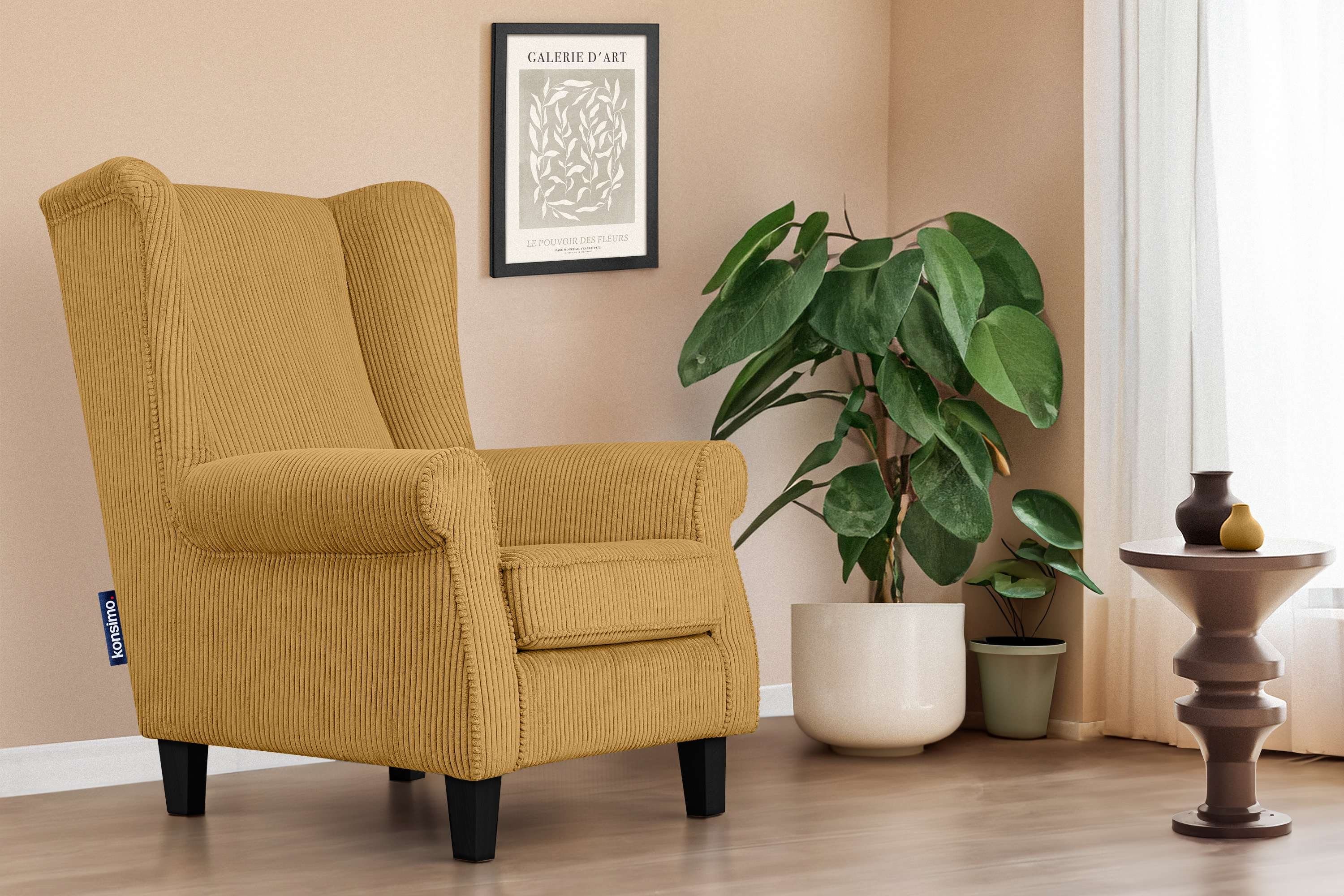 KONSIMO® Ohrensessel MILES Gepolsterter Sessel, mit Armlehnen, Massivholzbeine