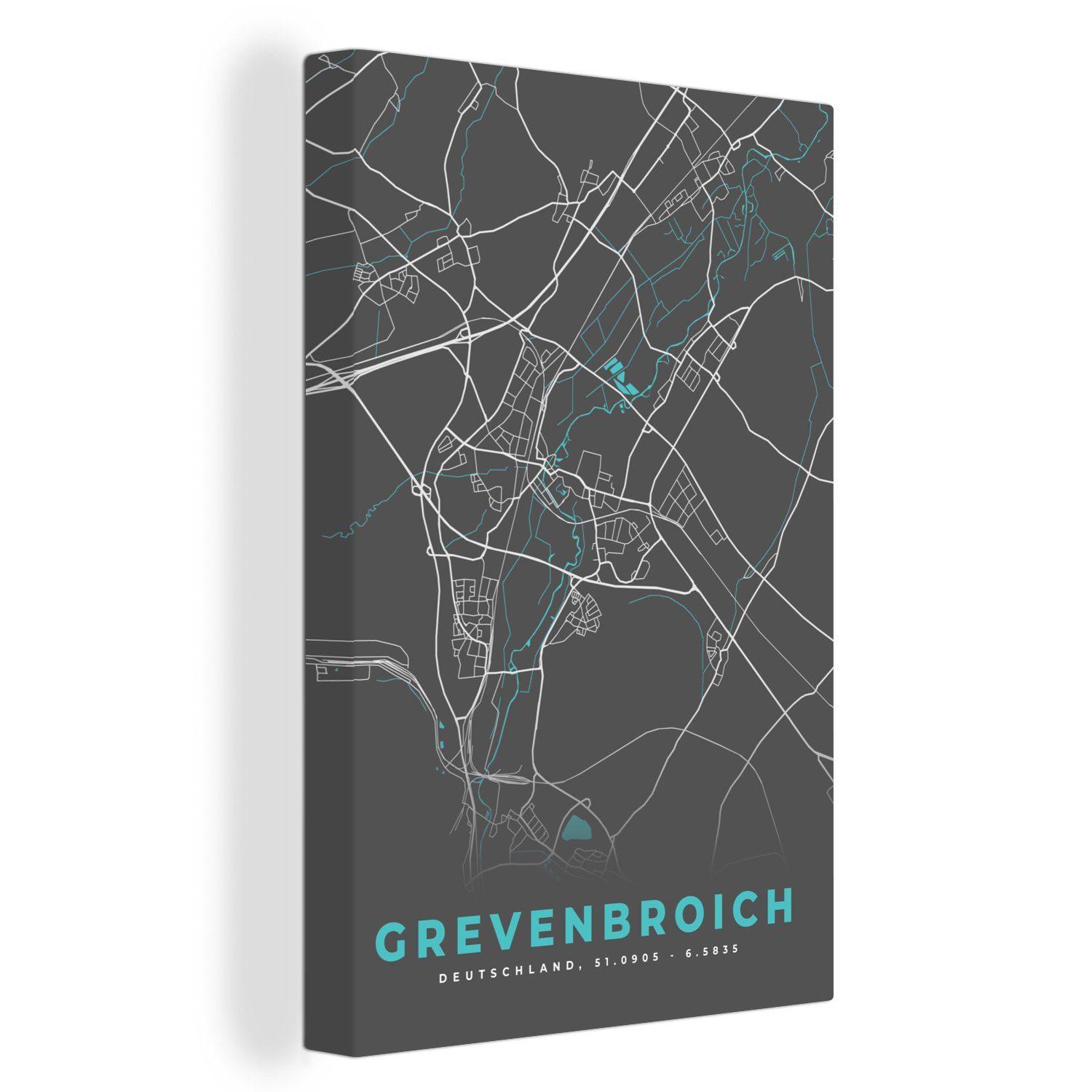 - Karte, - cm Leinwandbild bespannt 20x30 Grevenbroich inkl. Blau Zackenaufhänger, Gemälde, Leinwandbild (1 - St), - Karte Stadtplan Deutschland fertig OneMillionCanvasses® -