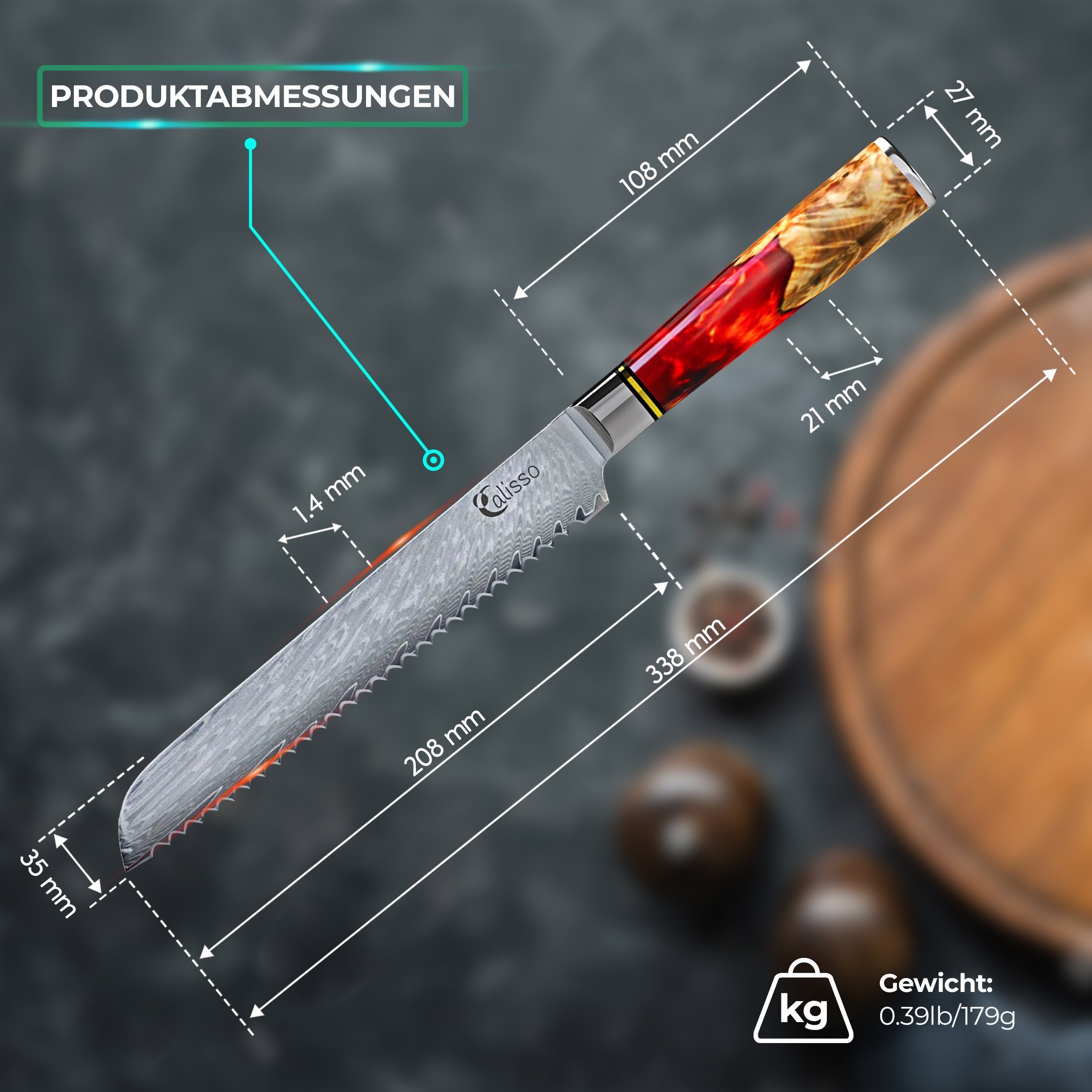 Calisso Brotmesser Line Damaststahl, Küchenmesser Damaststahl Ruby