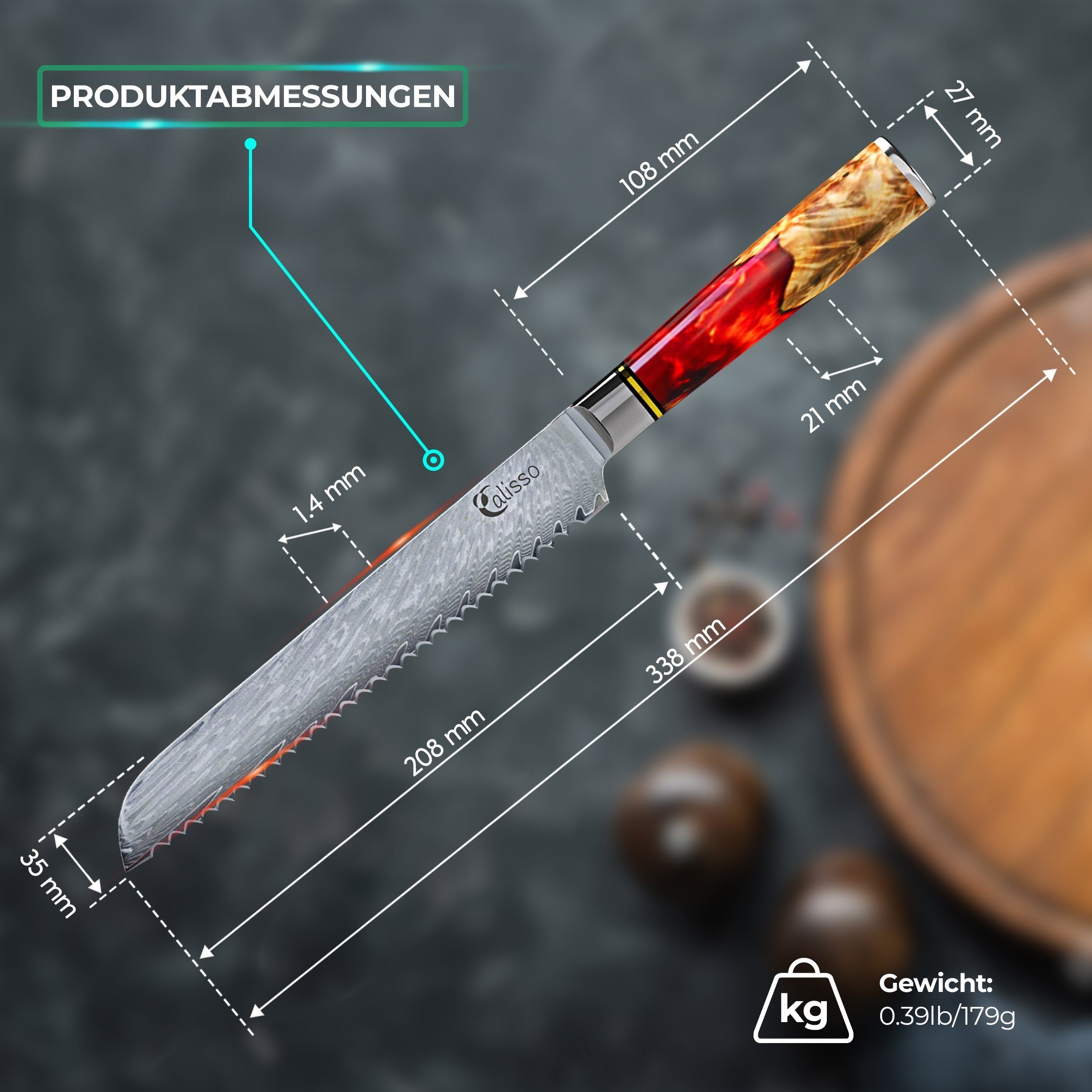 Calisso Brotmesser Küchenmesser Ruby Line Damaststahl, Damaststahl