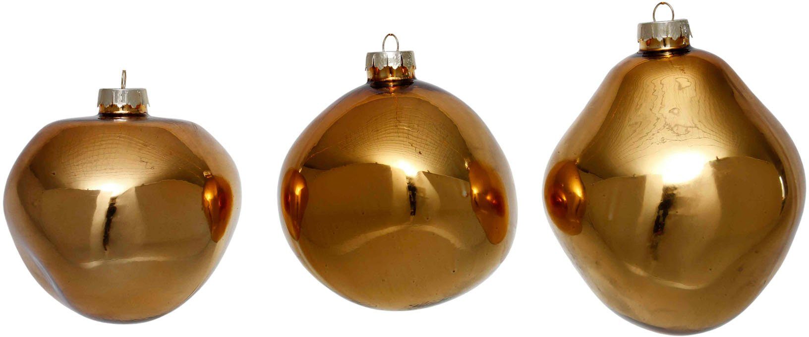 Leonique Weihnachtsbaumkugel Birdelle glänzend, Weihnachtsdeko, Christbaumschmuck, Christbaumkugeln (3 St), Baumkugeln in organischer Form, Ø 10 cm, organische Kugeln aus Glas goldfarben