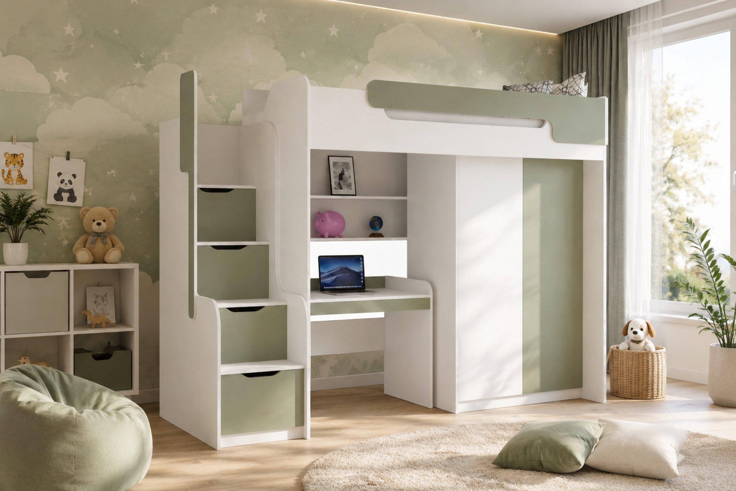 Deine Möbel 24 Hochbett ARTHUR Kinderbett mit Treppe und Stauraum, 90x200 cm (ideal für Kinderzimmer & Jugendzimmer, 1-St., Weiß Eukalyptus Eiche Rosa Blau Anthrazit, praktisch & platzsparend) Multifunktionsbett Jugendbett inkl. Kleiderschrank & Schreibtisch