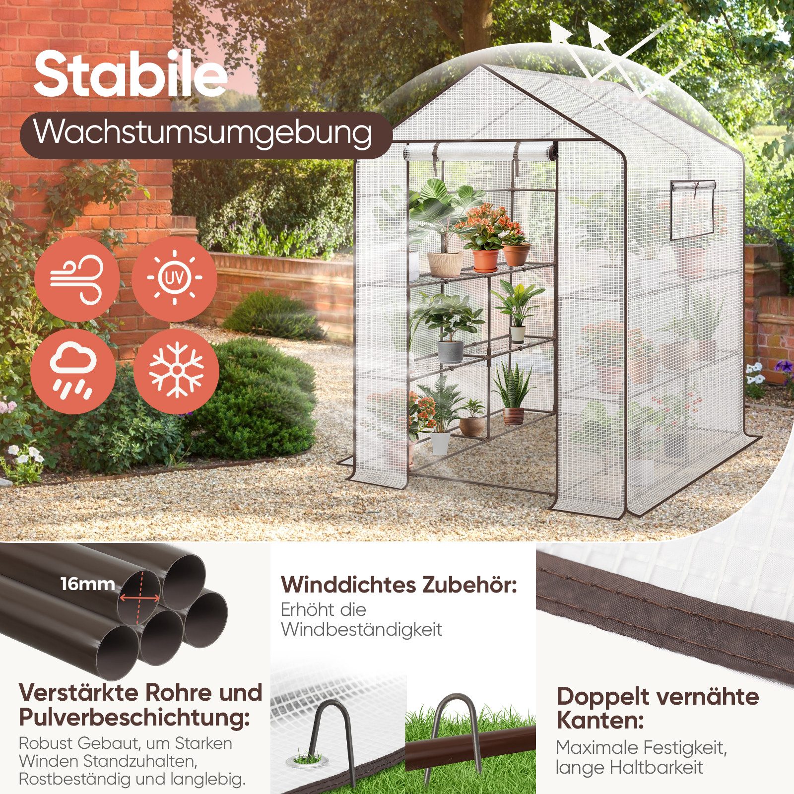 Sekey Gewächshaus Begehbares Foliengewächshaus mit 8 Regalebenen, Treibhaus für Garten, 145 x 145 x 200 cm Tomatenhaus Winterfest Gewächshaus mit Tür, Fenster