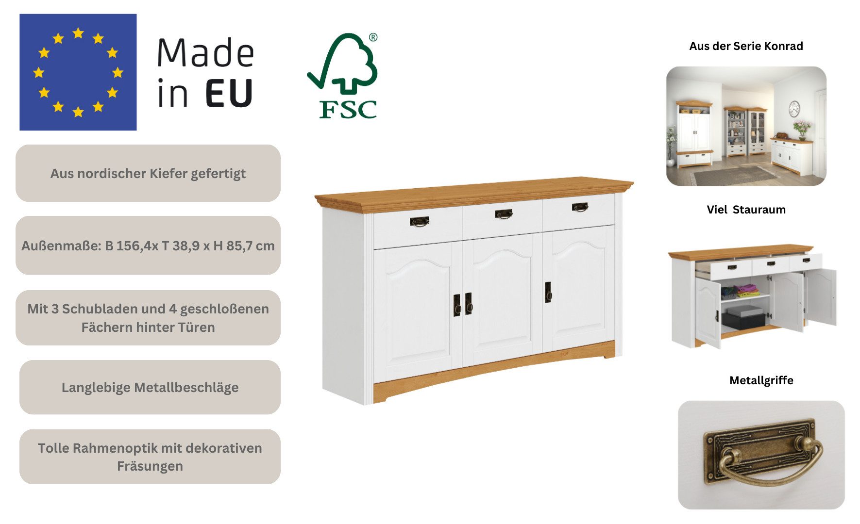 OTTO home Kommode Konrad, aus massiver Kiefer, Breite 156 cm, mit Schubladen, FSC®