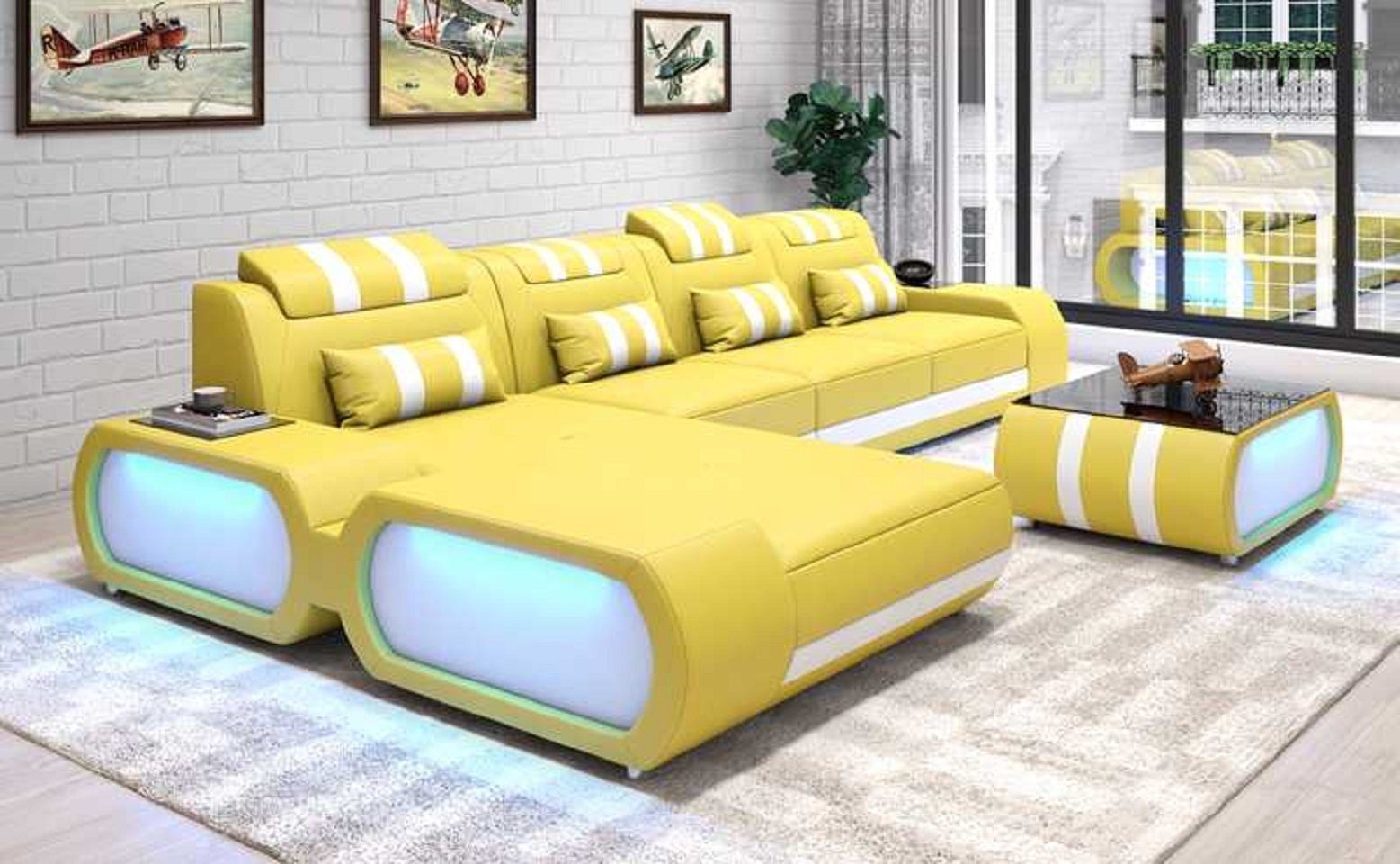 JVmoebel Ecksofa Eckgarnitur Ecksofa L Form Ledersofa Sofa Couch Luxus Design Couchen, 3 Teile, Made in Europe Gelb