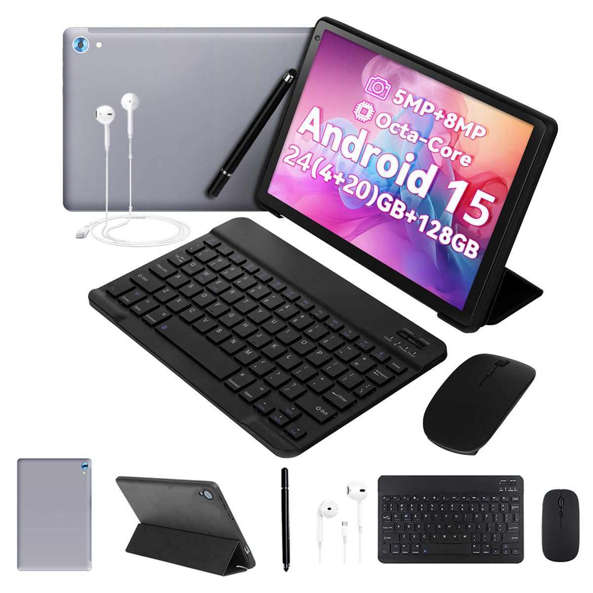 Happybe 10 Zoll 128GB 8-in-1 Kit mit Tastatur, Stift und Hülle Set Android 15 Tablet (10", 128 GB, Android, Widevine L1, mit Blaulichtfilter, WLAN 6 BT 5)