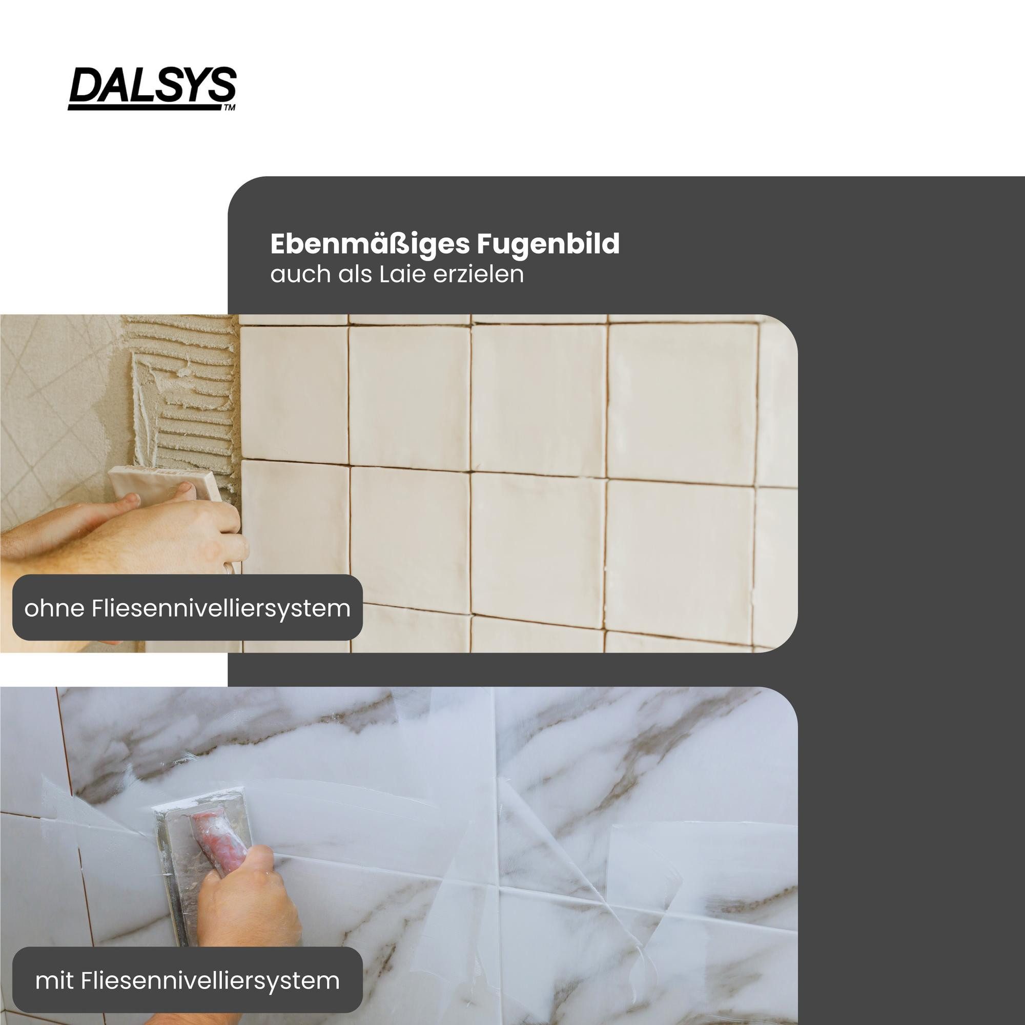 Dalsys Nivelliersystem für Fliesen enthält (3mm) 100 Laschen, 100-St., Fliesenleger Werkzeug für präzises Fugenbild) Zuglaschen, Verlegehilfe Set, Fliesenleger Werkzeug