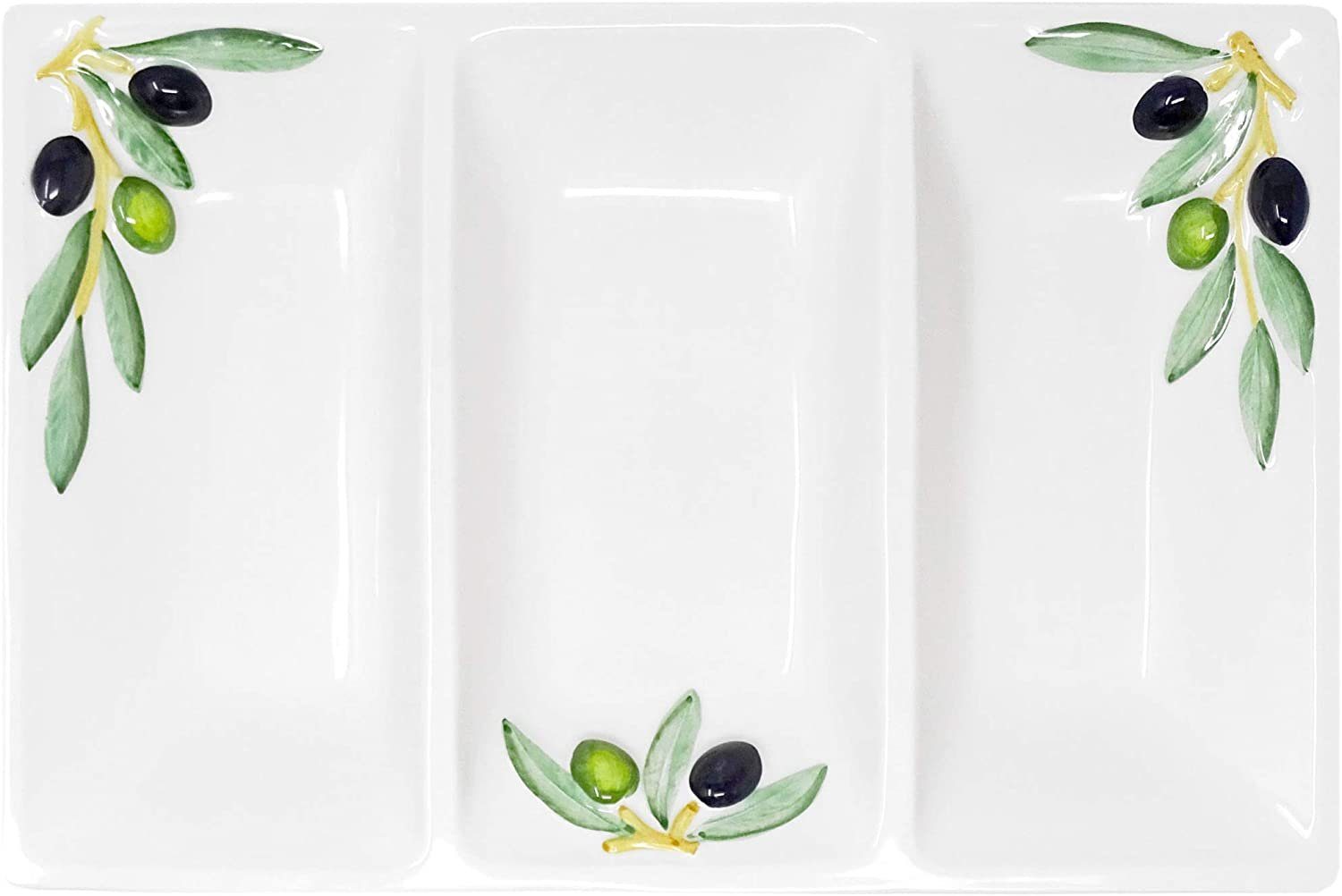 Lashuma Servierteller Olive, Keramik, (1-tlg., 31 x 21 cm), Dreigeteilter Partyteller eckig für Snacks