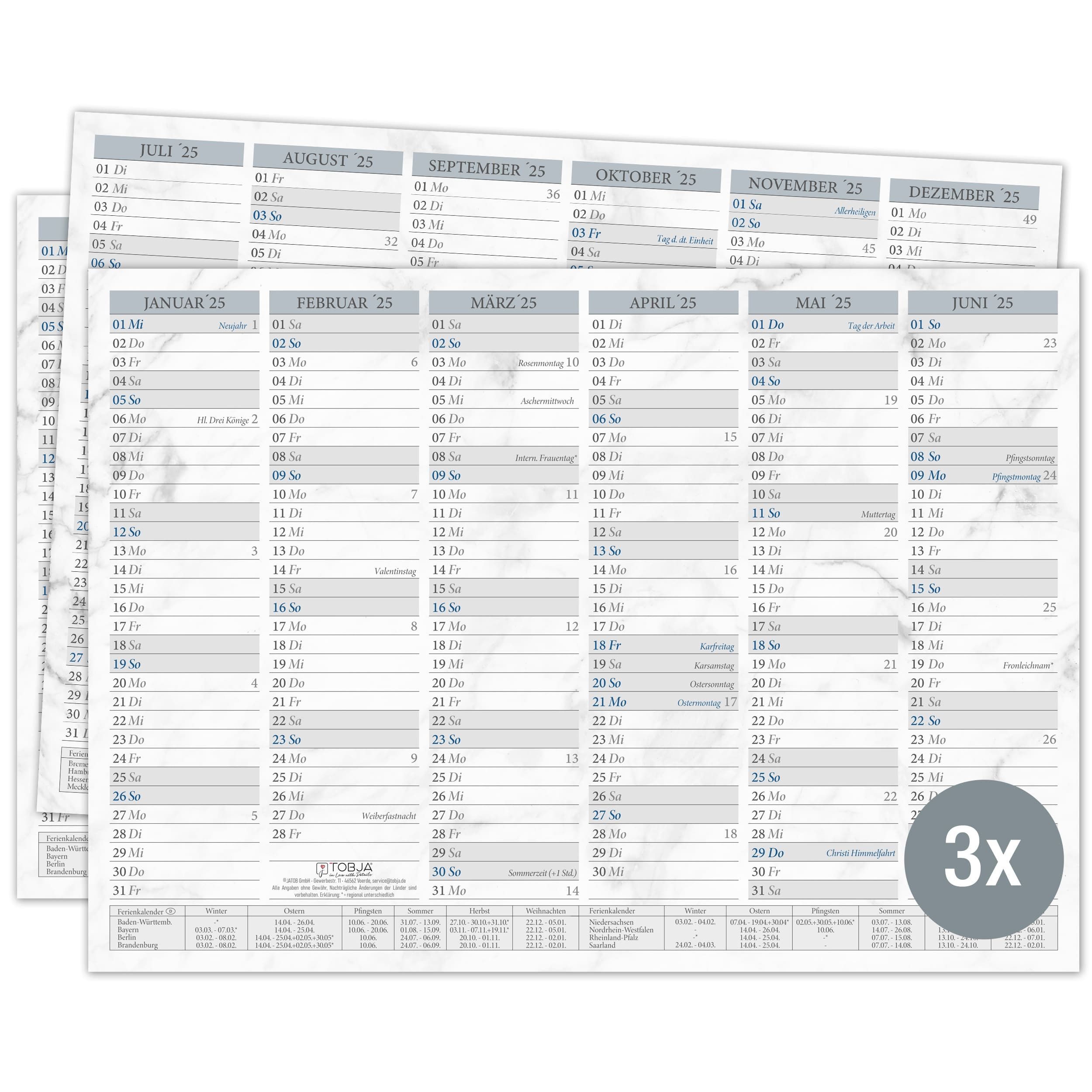 TOBJA Jahresplaner A4 Tafelkalender Marmor 2025 3er Set, Wandkalender, Jahresplaner 
