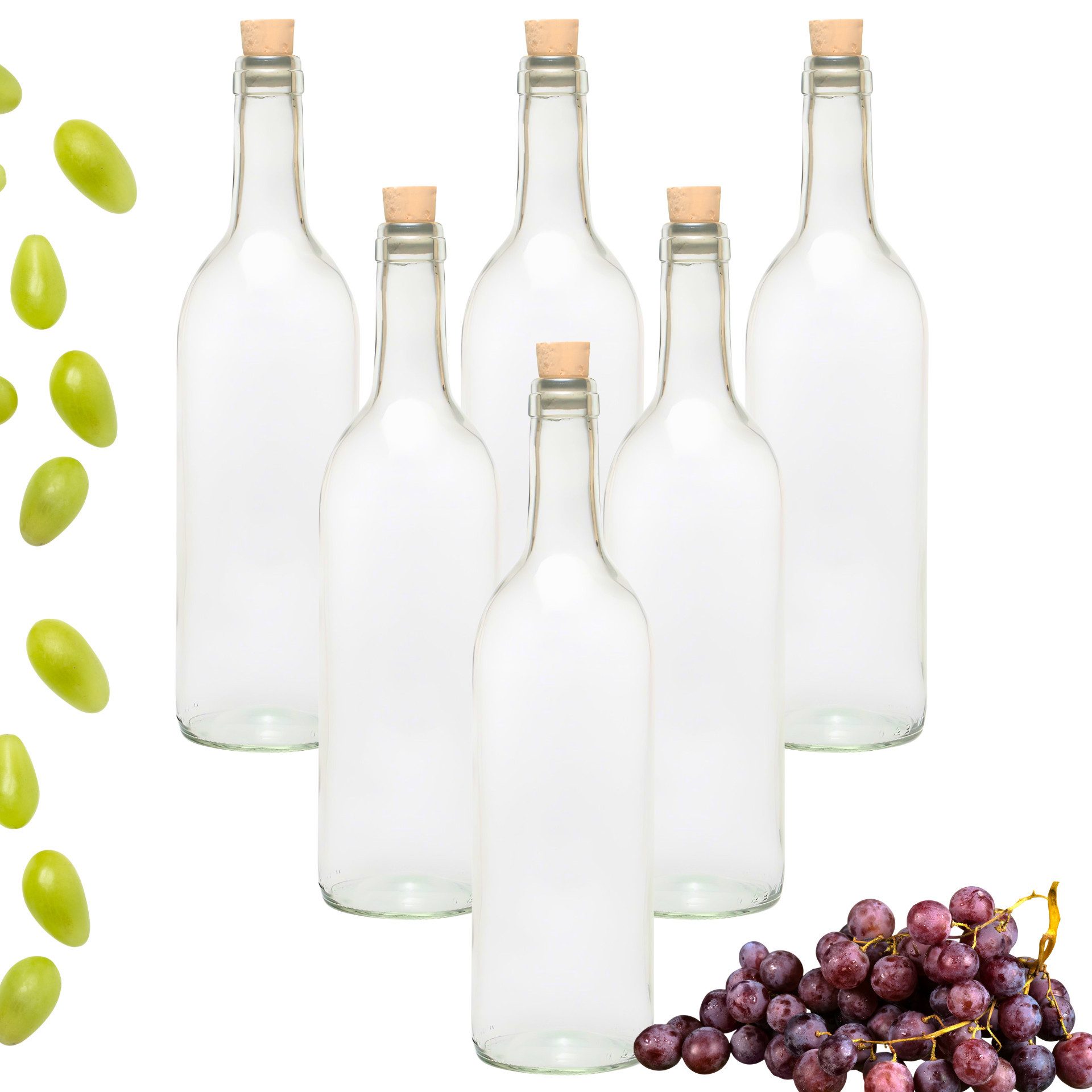 mikken Trinkflasche 6x Glasflasche 0,75 Liter mit Korken Weinflaschen inkl. Etiketten, 6er Set, luftdicht