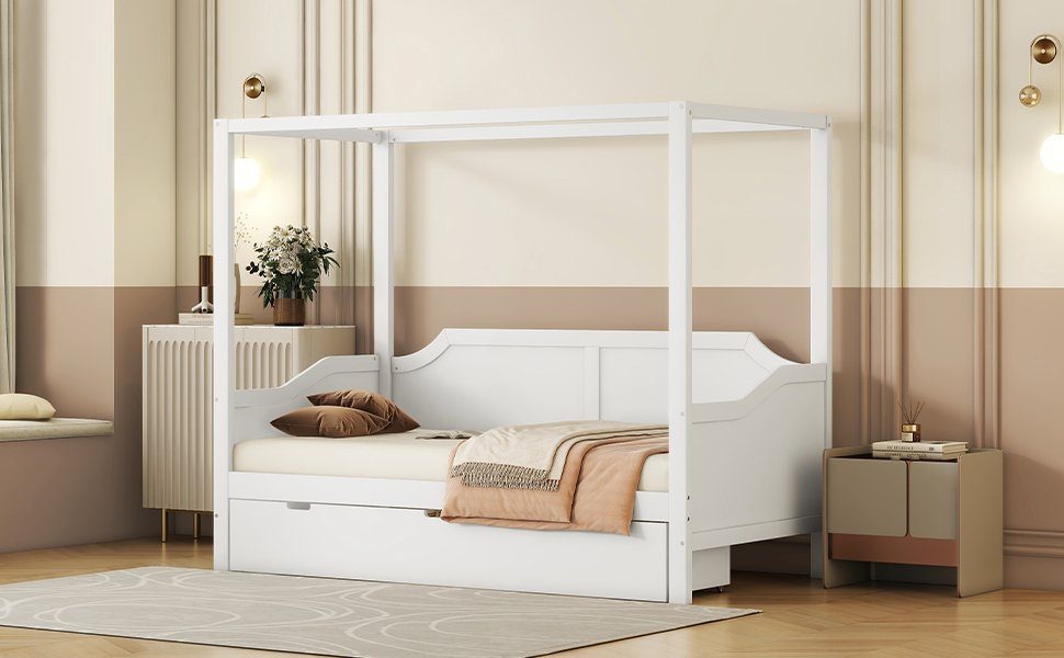 mit Holzbett weiß Stauraumbett Lagerung 90x200cm Kinderbett Daybed Schubladen), Baldachin 1 Daybed REDOM 3 in Einzelbett (hölzernen Ohne Matratze Funktionsbett