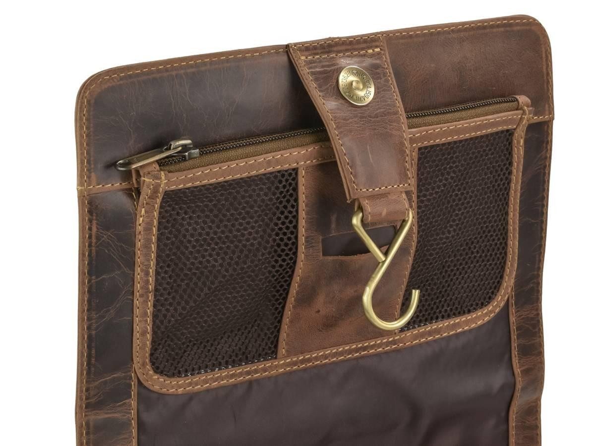 Greenburry Kulturbeutel "Vintage" Leder Kulturtasche zum Aufhängen zum Anhängen antik braun, Kosmetikbeutel, Waschtasche, für Damen und Herren, braun