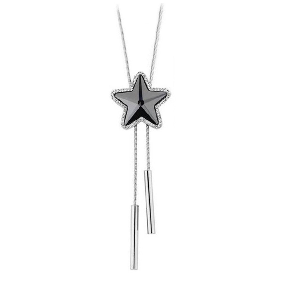 KARMA Lange Kette Damenhalskette Stern lang 87 cm Schwarz Silber (Sternkette Pulloverkette, Geschenk für Sie Damenschmuck), Halskette Damen Kristall Kette