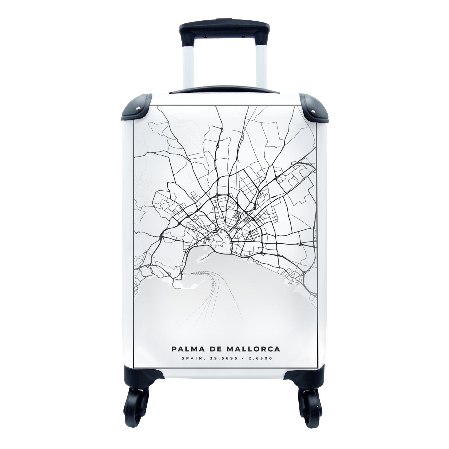 Mallorca 4 Reisetasche Reisekoffer Karte, Ferien, rollen, mit - weiß Karte Handgepäck und für - Rollen, MuchoWow - Stadtplan Trolley, Handgepäckkoffer - Schwarz