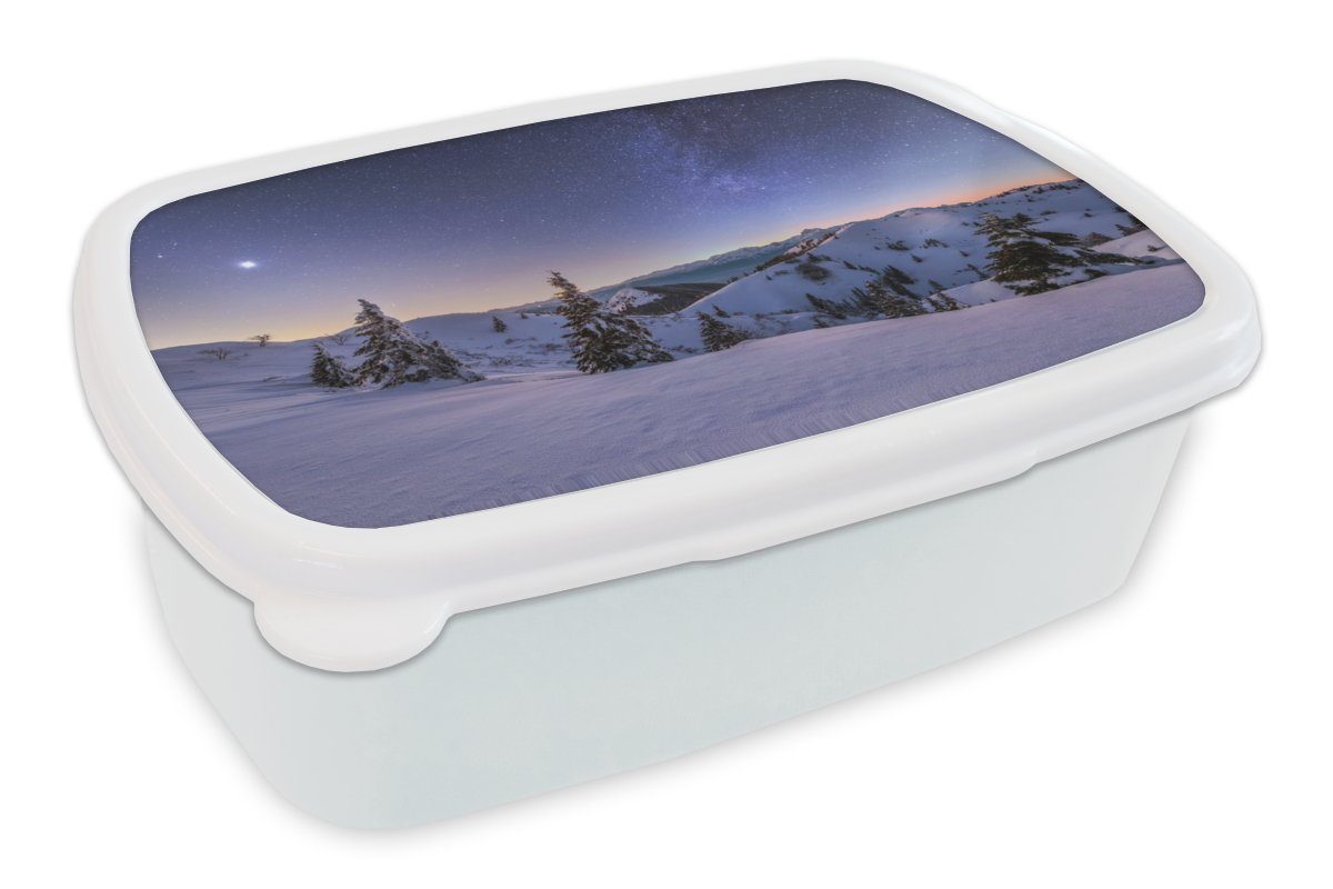 MuchoWow Lunchbox Winter - Schnee - Nacht - Bäume, Kunststoff, (2-tlg), Brotbox für Kinder und Erwachsene, Brotdose, für Jungs und Mädchen weiß