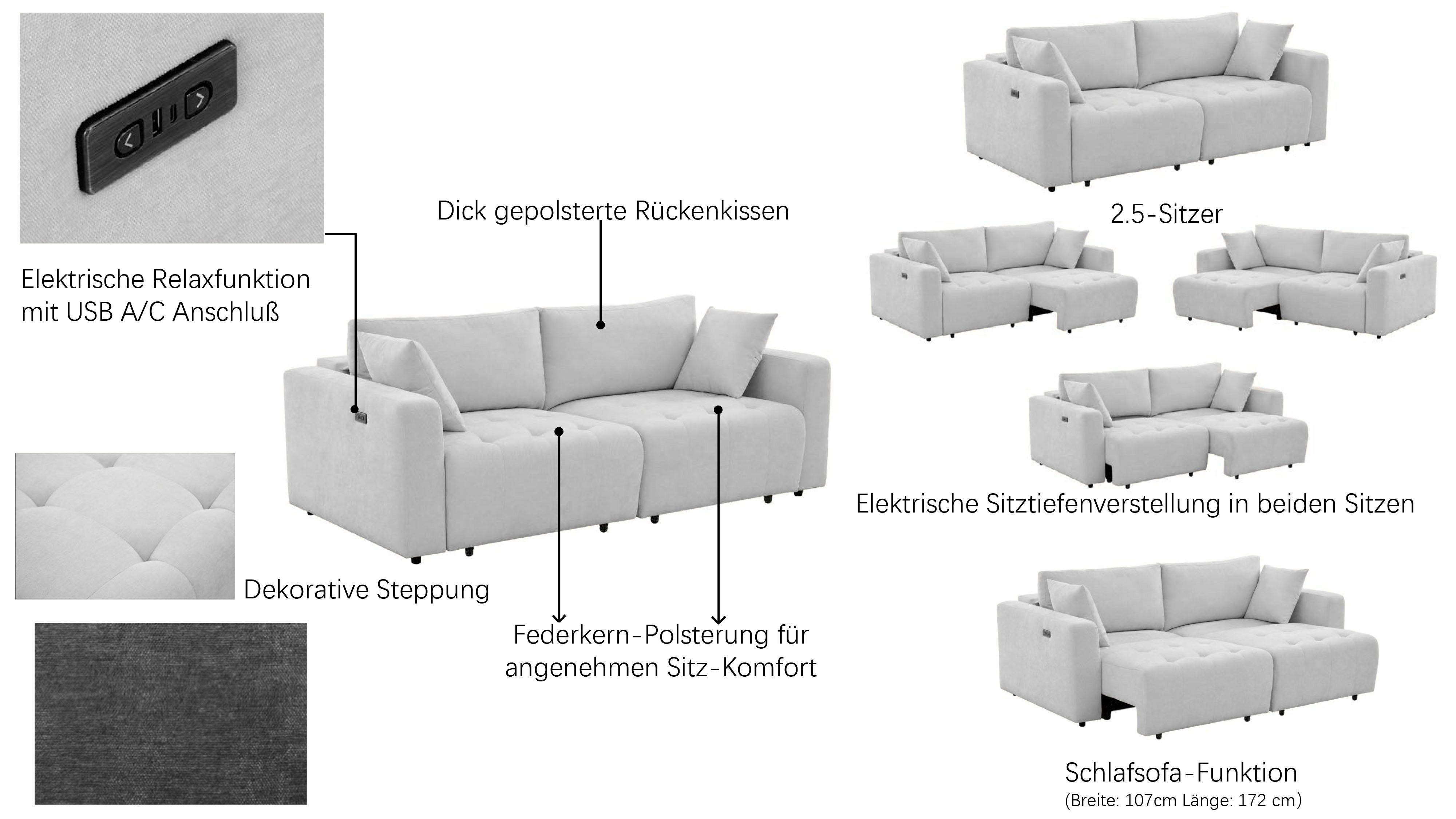 OTTO home 2,5-Sitzer ELIANN, 209 cm - elektrisches Schlafsofa, mit USB A/C-Anschluss. Federkern, Webstoff