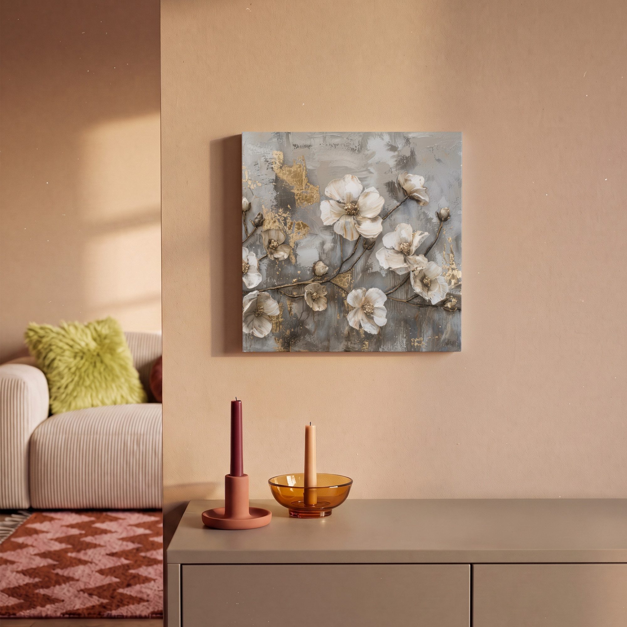 OneMillionCanvasses® Leinwandbild Blumen - Weiß - Grau - Gold - Luxus, Fotodruck (1 St), Leinwand Bilder Klein, Wand Dekoration Aesthetic 30x20 cm – Bild 2 von 5