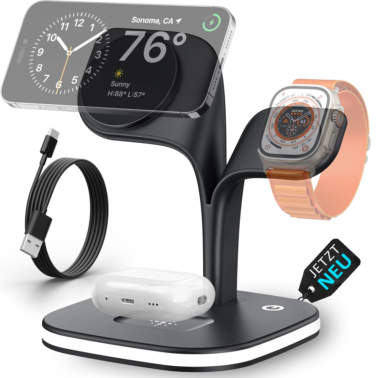 GreenHec Ladestation 3in1 MagSafe Ladegerät Kabellos Induktiv Charger Stand Wireless Charger (3 mA, Spar-Set, 3in1 PowerBase + USB-C Kabel + 20w Dual Charger, iPhone 18 17 16 15 14 13 Pro Max Air, Airpods, Apple Watch Wireless)