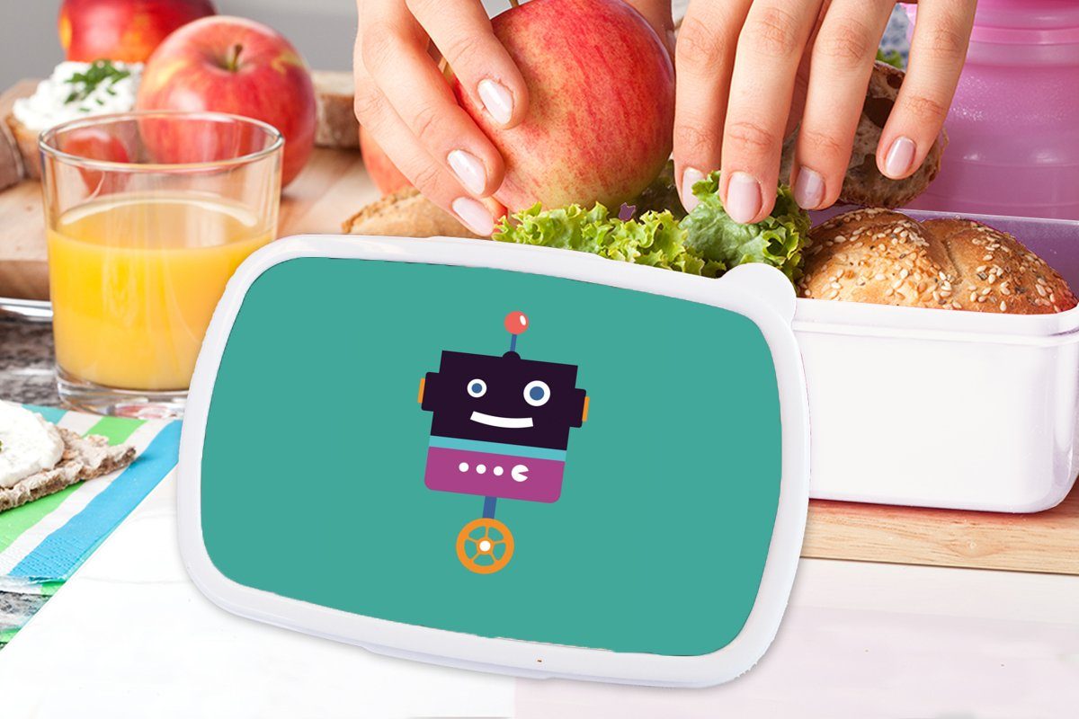 MuchoWow Lunchbox - Rad Mädchen Brotdose, Erwachsene, Jungen für Kinder Grün - Kunststoff, Brotbox und - Kinder, und Jungs (2-tlg), für - - weiß Lila Roboter