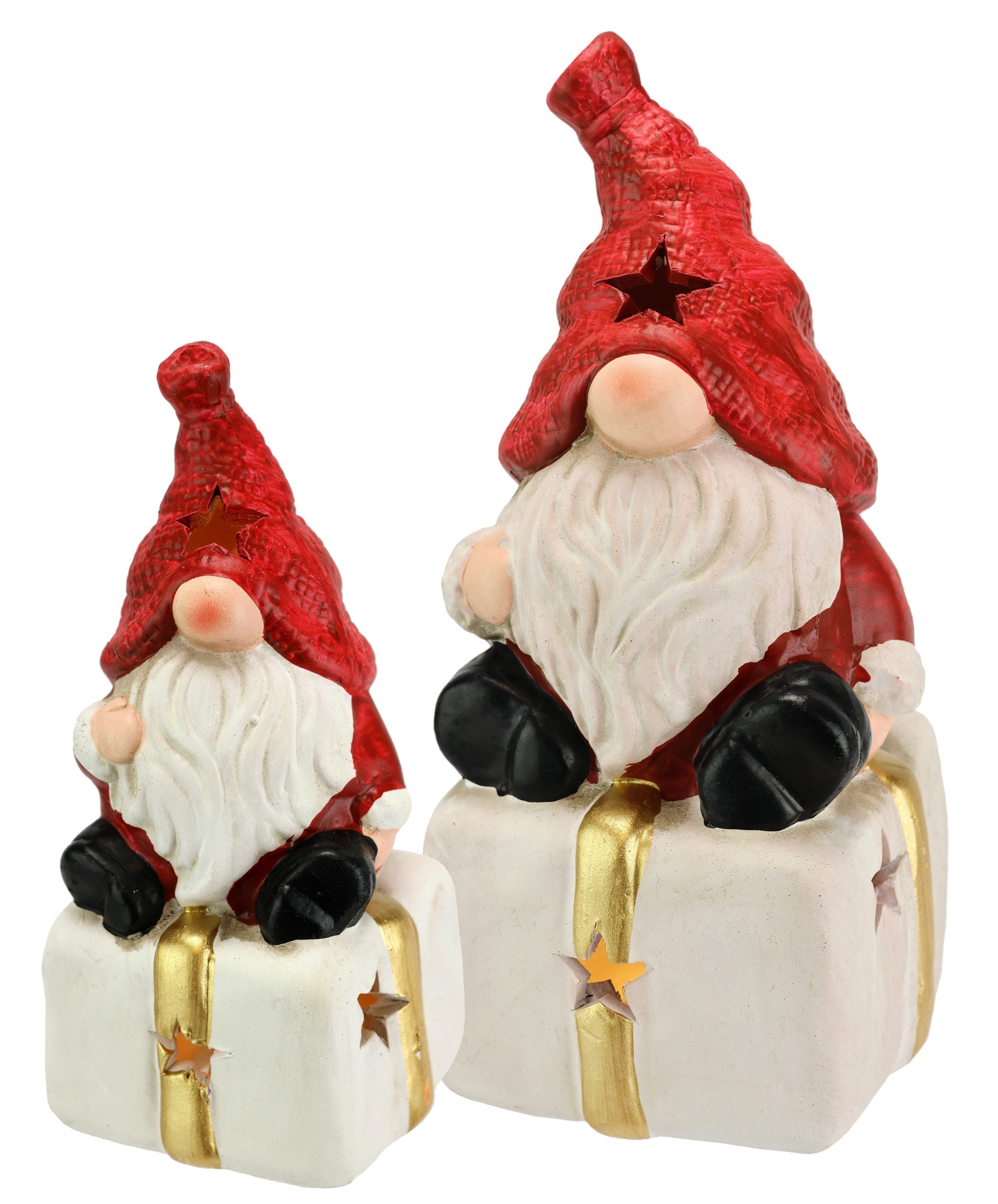 I.GE.A. Dekofigur Wichtel auf Geschenk (2 St), Mit LED 2er Set Weihnachtsdeko Kunstfigur Deko Statue Skulptur