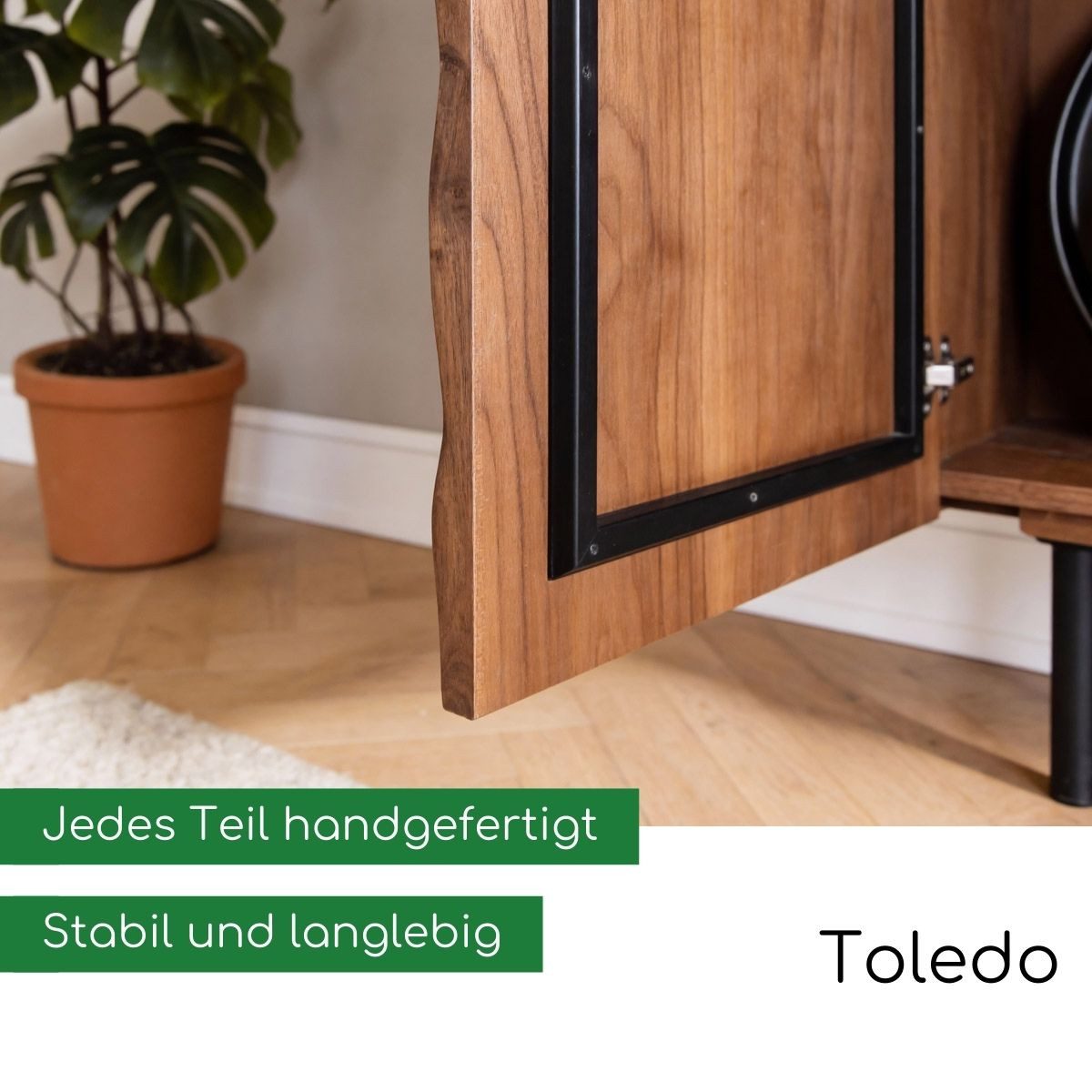 CASA DOMA Highboard Toledo, Sideboard, Kommode, 4 Türen, Push-to-open-Funktion, Akzienholz massiv braun, Relief-Front, Metallfüße schwarz