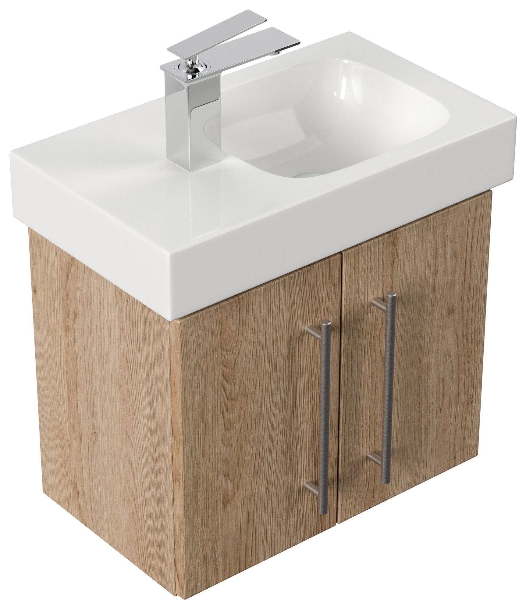 Magnolia Home Waschtisch Badmöbel mit Geberit Icon Waschbecken XS 53 cm links eiche hell