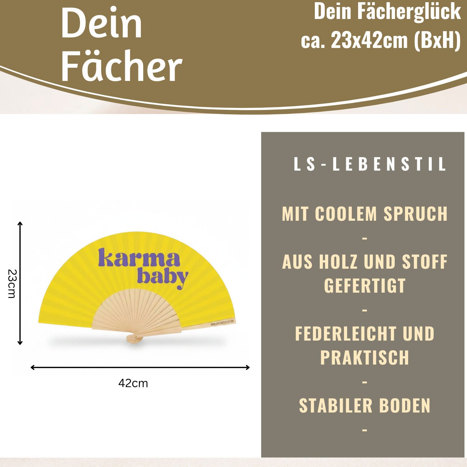 LS-LebenStil Handfächer Design Holz Stoff Fächer "Karma Baby" Gelb Lila faltbar Faltfächer, (hochwertig aus Holz mit Stoff und coolem lustigem Spruch, 1-tlg., Styliche Abkühlung), für Geburtstag, Hochzeit, Party oder als Wand Dekoration