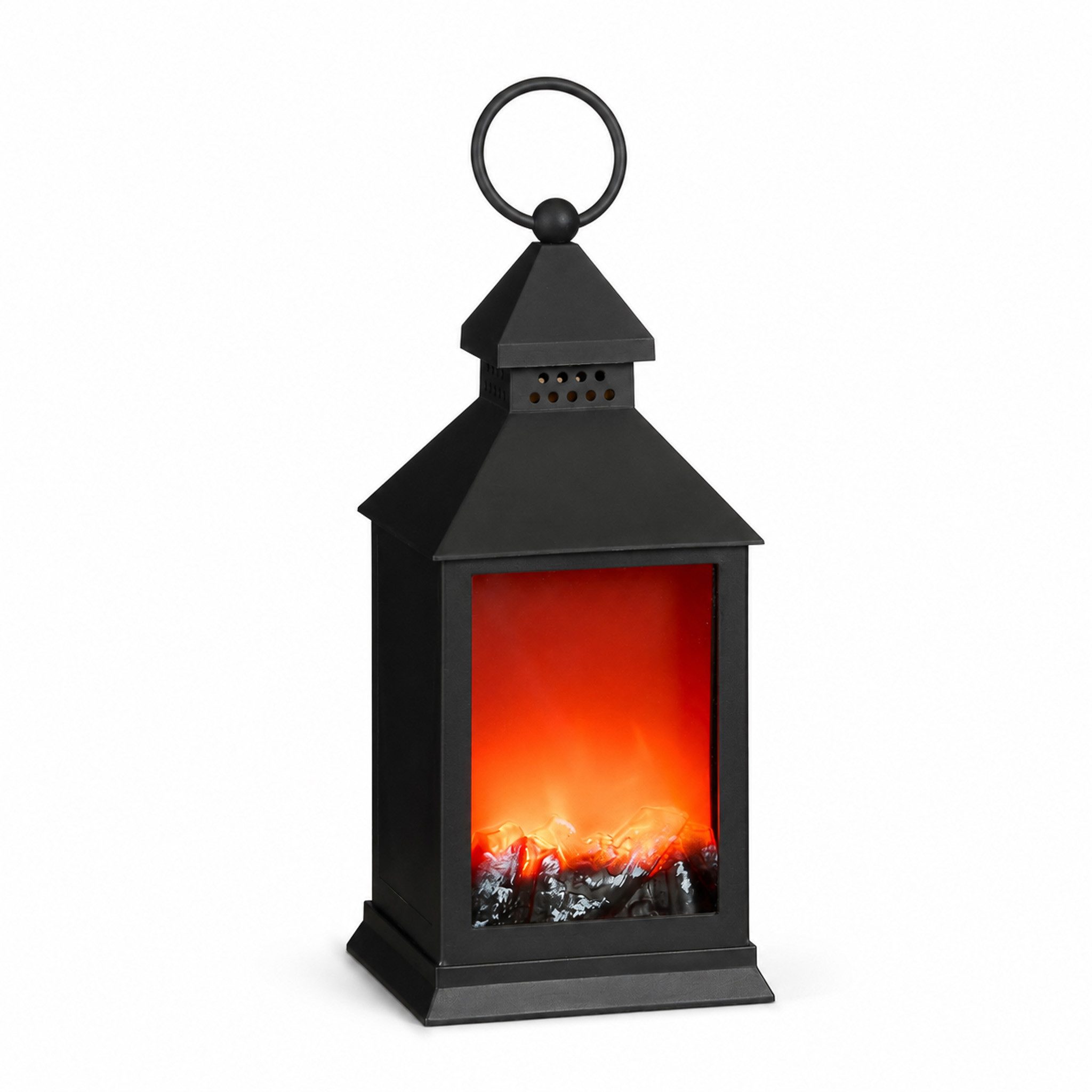Luca Lighting LED Laterne, Timer, klassisch warm, LED Kamin Laterne 24,5cm Flammeneffekt und Timer Kunststoff / Schwarz