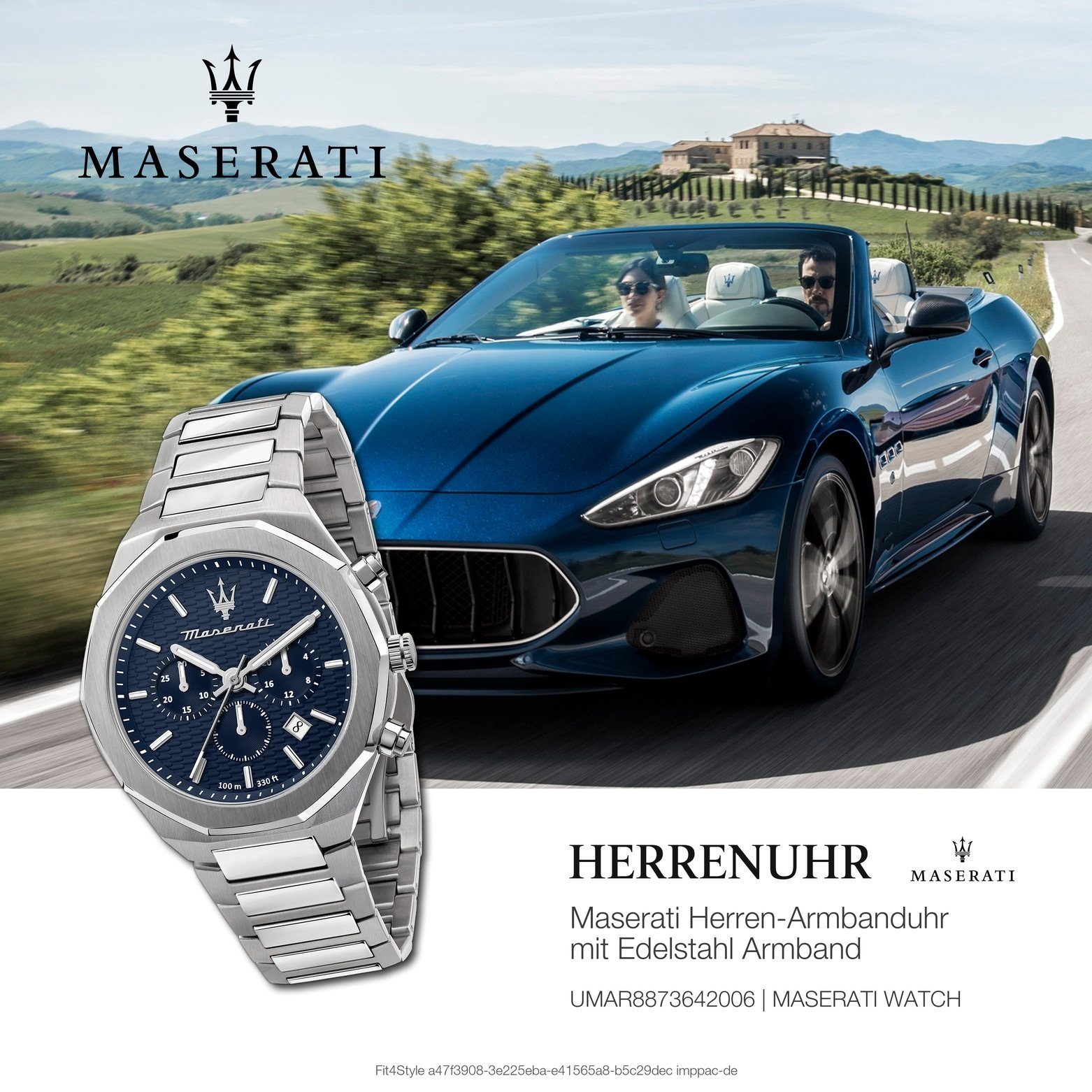 45mm) groß Made-In Edelstahlarmband, MASERATI Maserati Italy Chronograph rund, blau, STILE, Herrenuhr silber (ca. Herren Chronograph